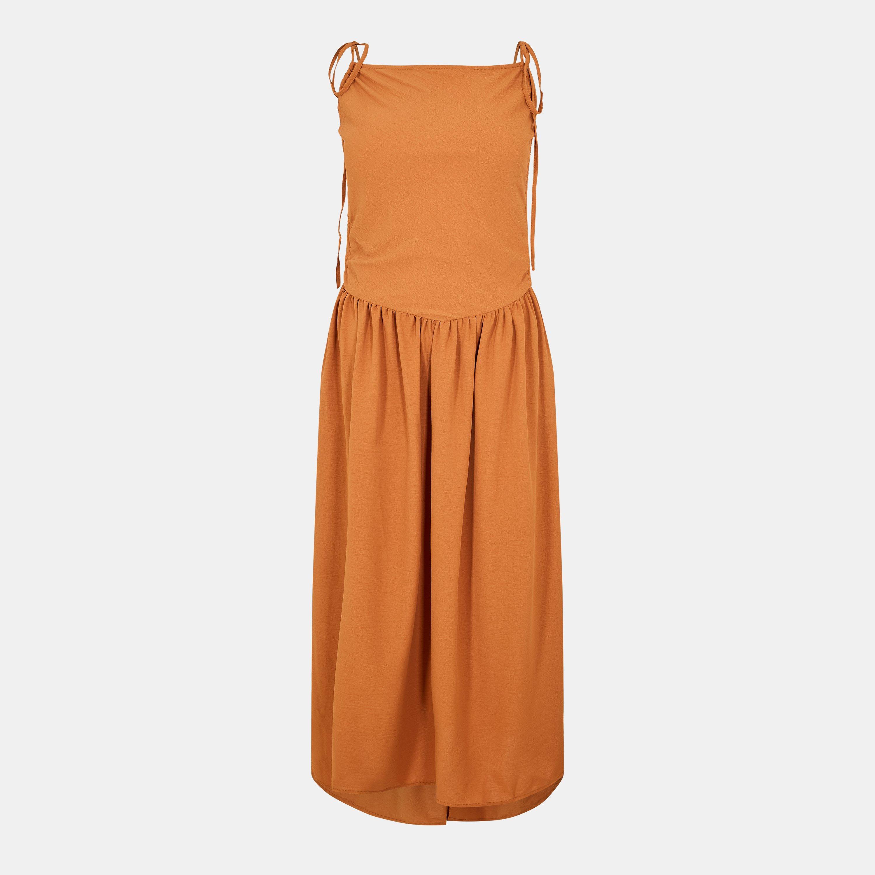 Rust - AX Paris - Drawstring Tie Straps Ruched Top Midi Dress - 1
