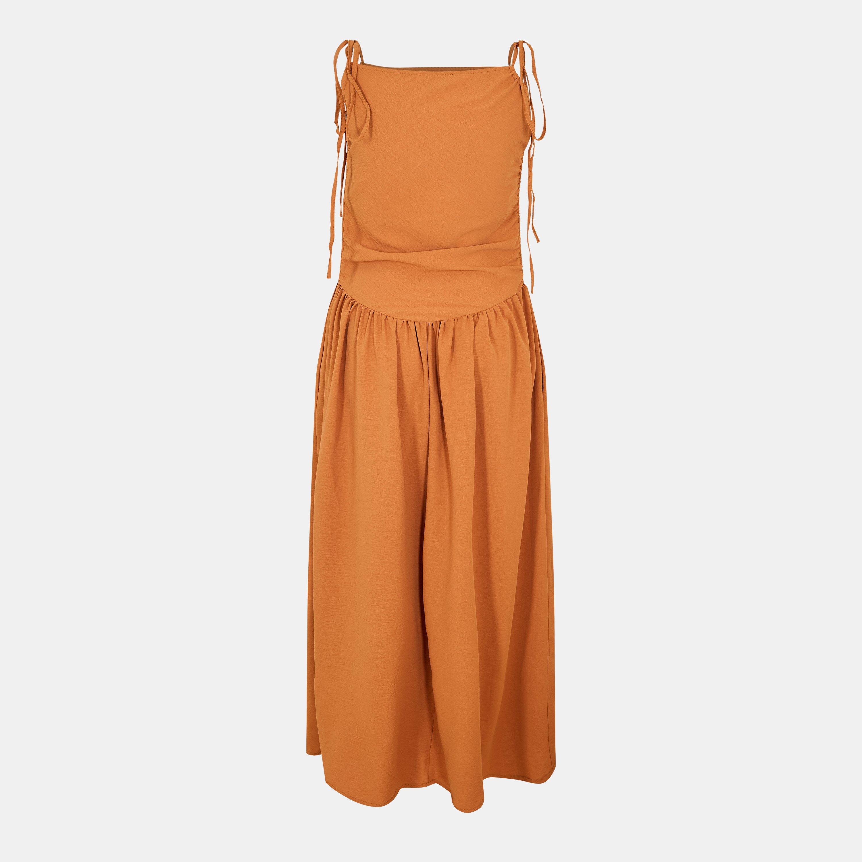 Rust - AX Paris - Drawstring Tie Straps Ruched Top Midi Dress - 2