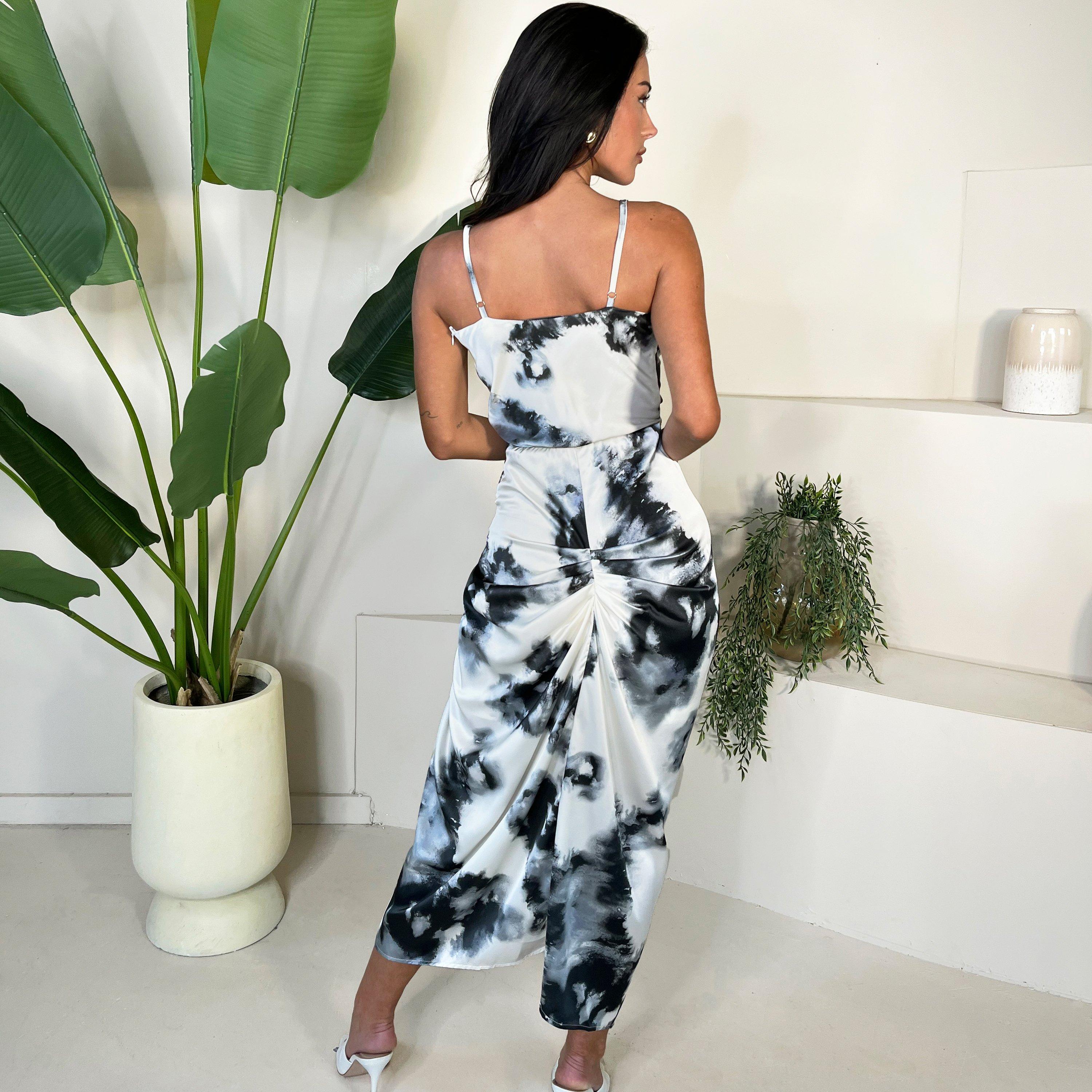 Blk/Wht - AX Paris - Marble Print Strappy Wrap Top Knot Skirt Midi Dress - 3