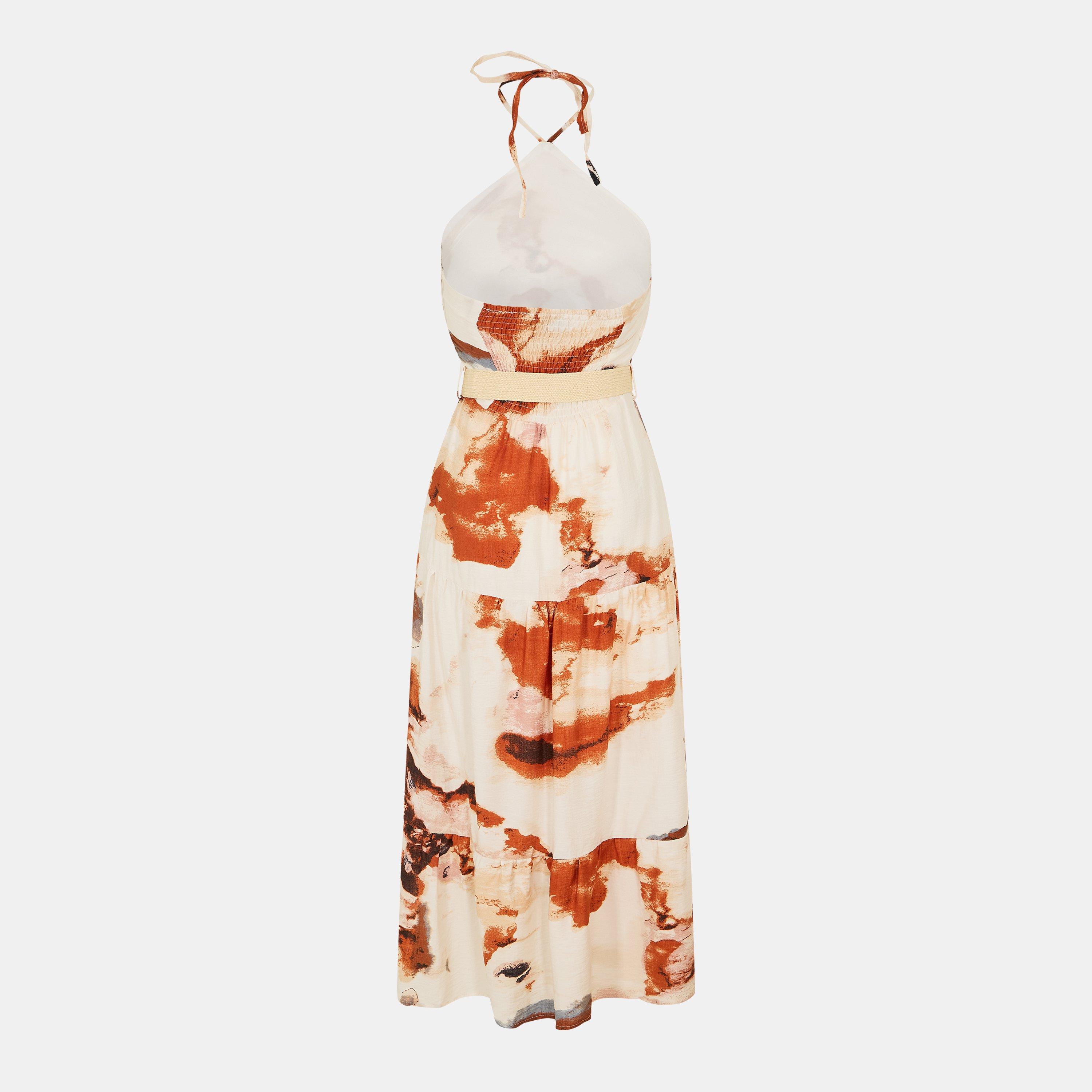 Rust - AX Paris - Halterneck Straw Belt Tiered Midi Dress - 2