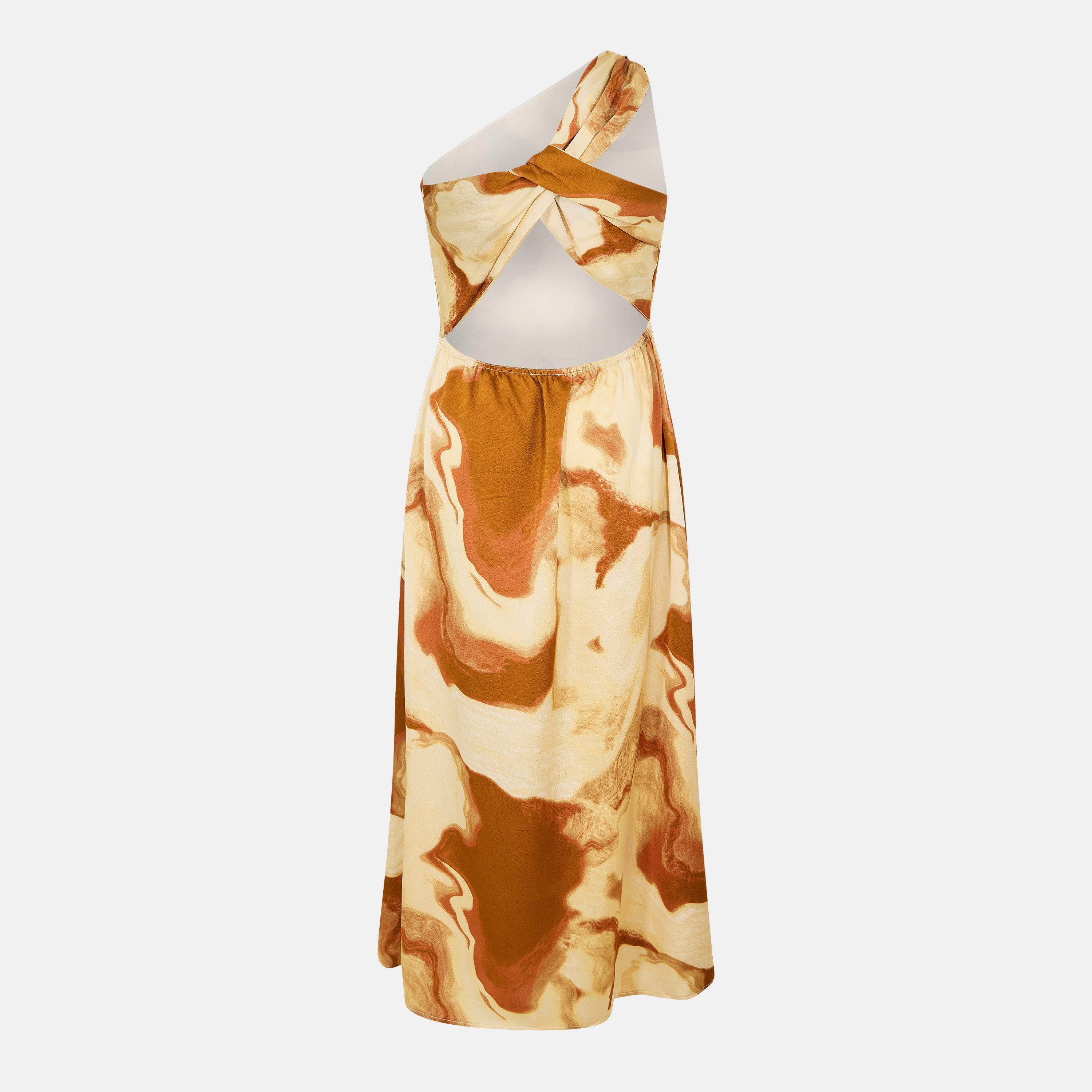 Brown - AX Paris - Marble Print One Shoulder Open Back Twist Detail Midi Dress - 2