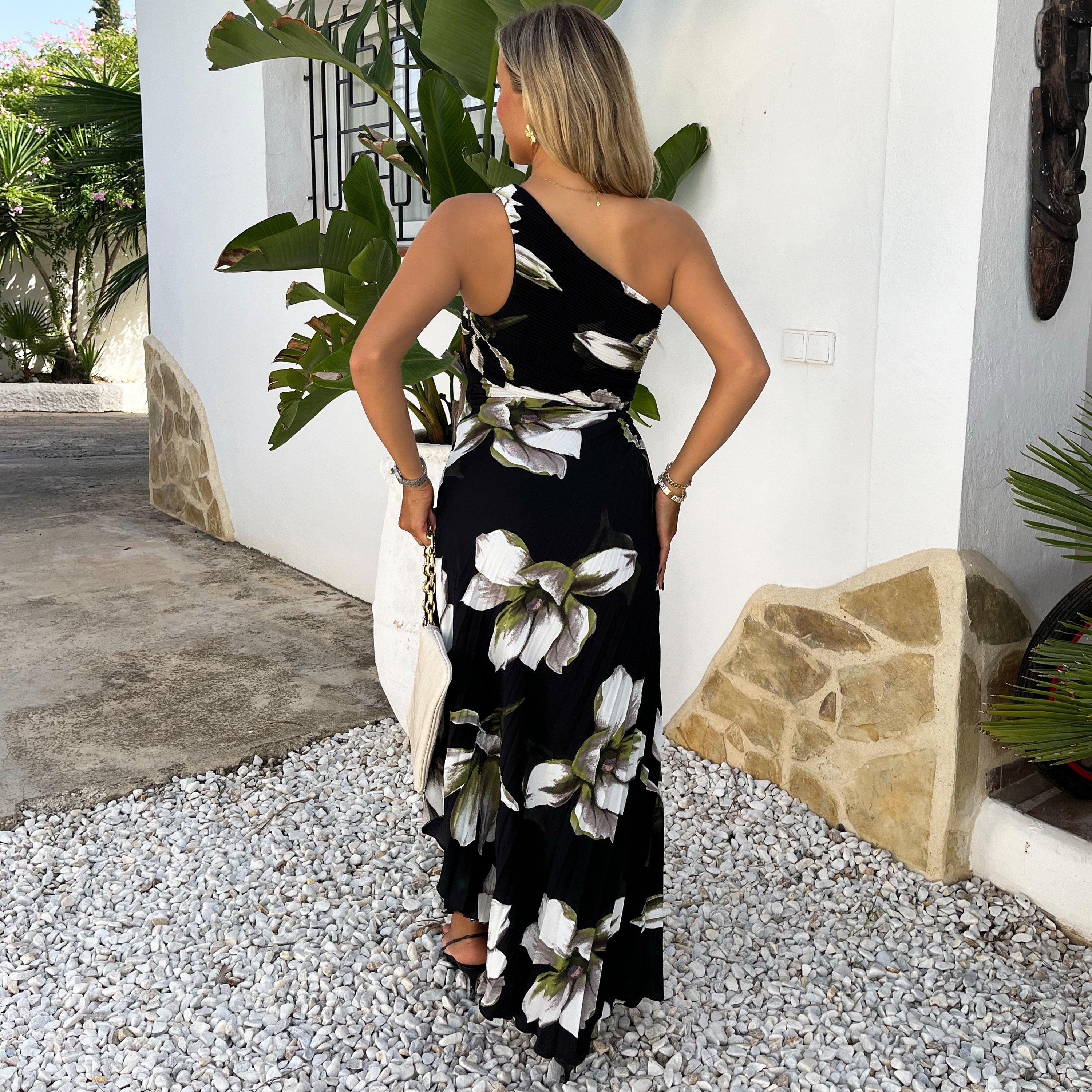 Black - AX Paris - Floral Print One Shoulder Cut Out Pleated Midi Dress - 3