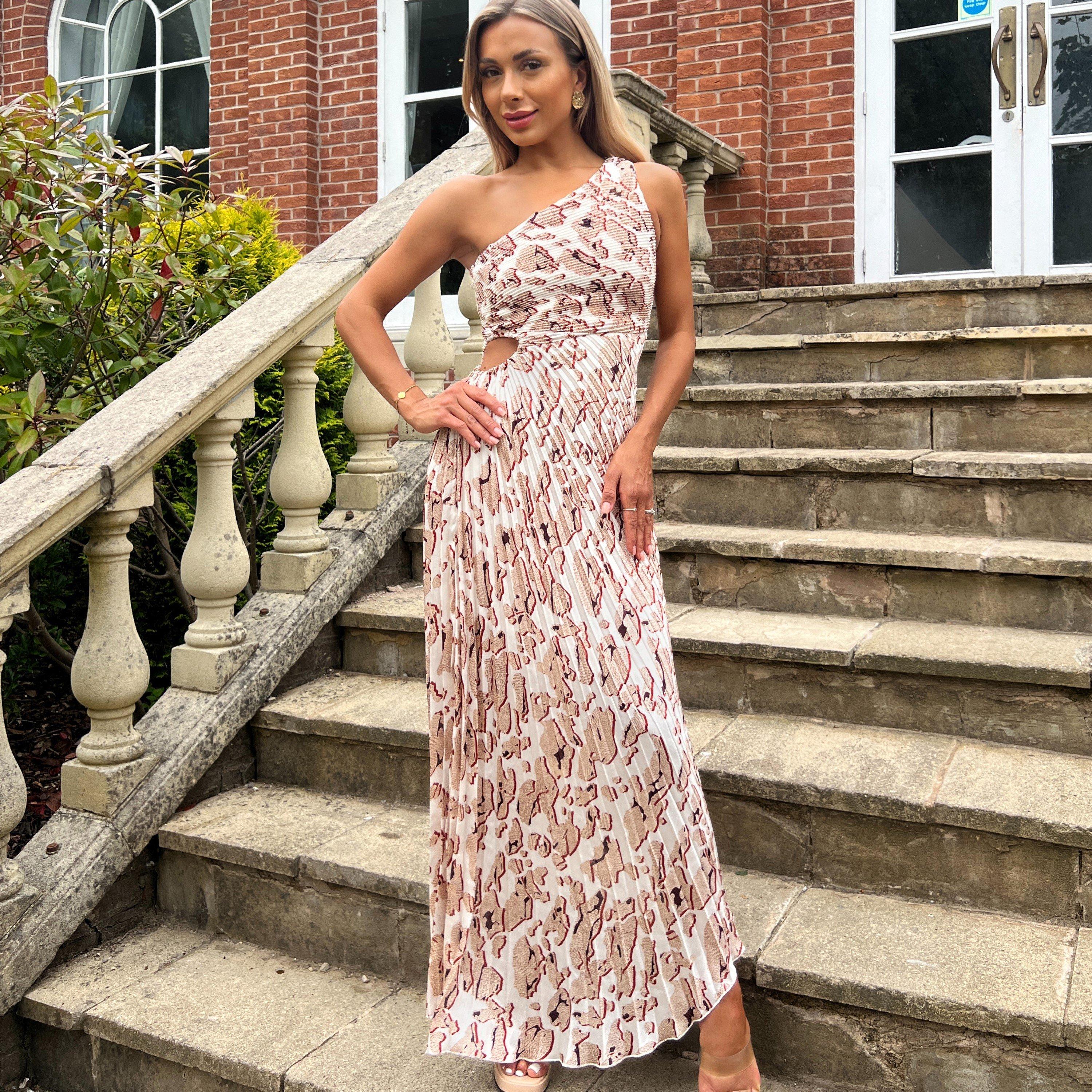 Cream - AX Paris - Printed One Shoulder Pleated Midi Dress - 3