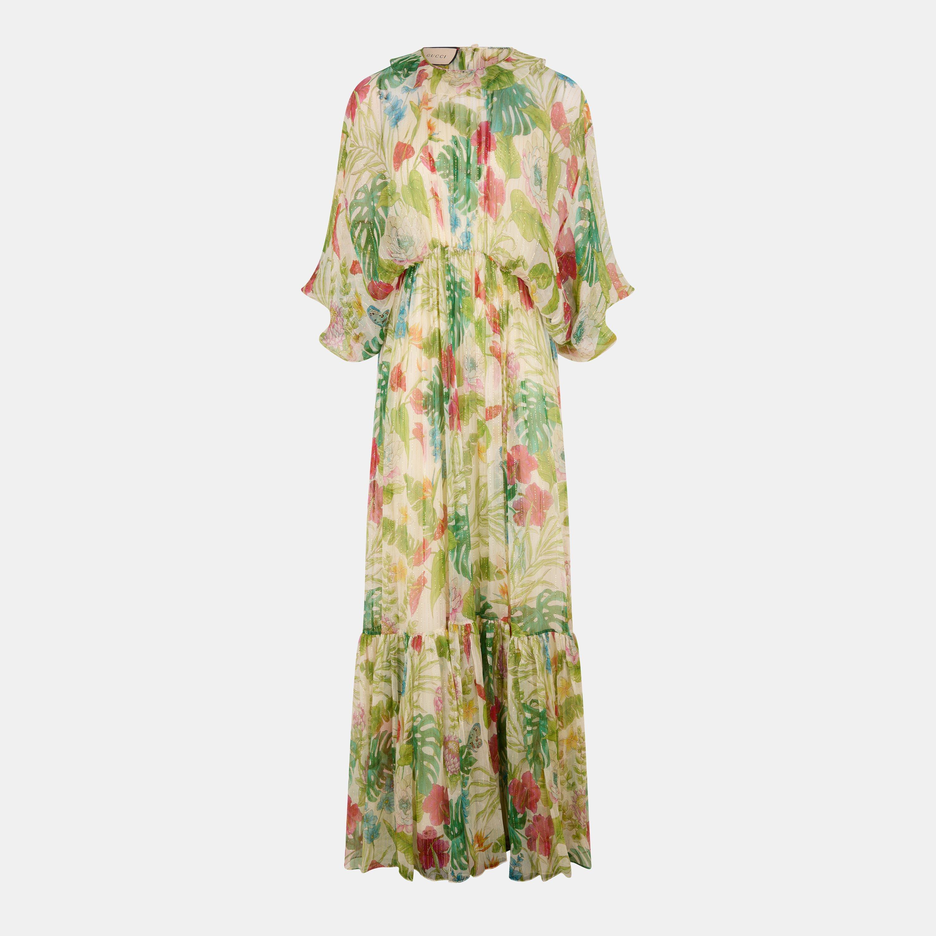 Cream/Blue/Red - Gucci - Women's Printed Silk Long Maxi Dress - 1