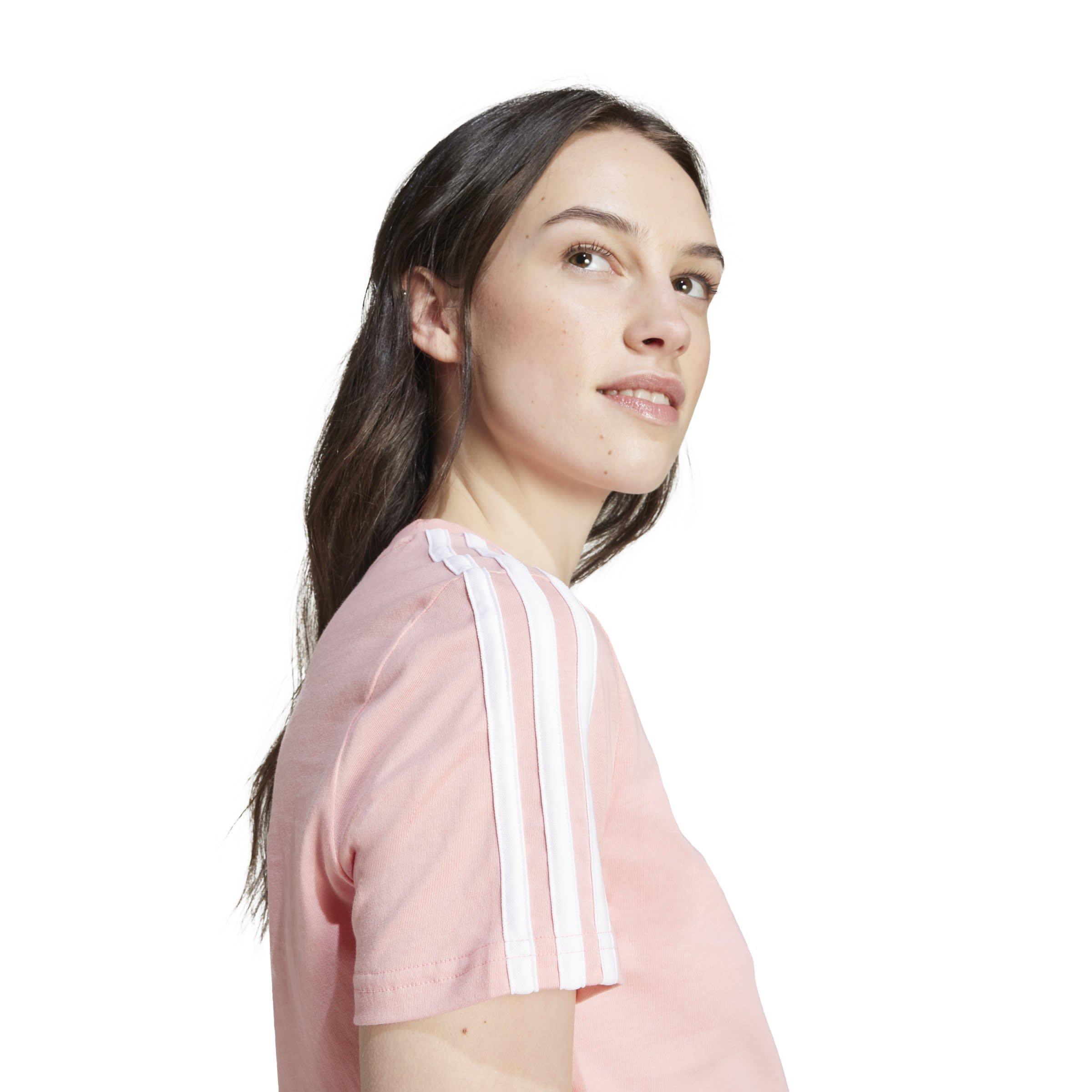 Pink Spark/Wht - adidas - Essentials Slim 3 Stripes Womens T Shirt - 6