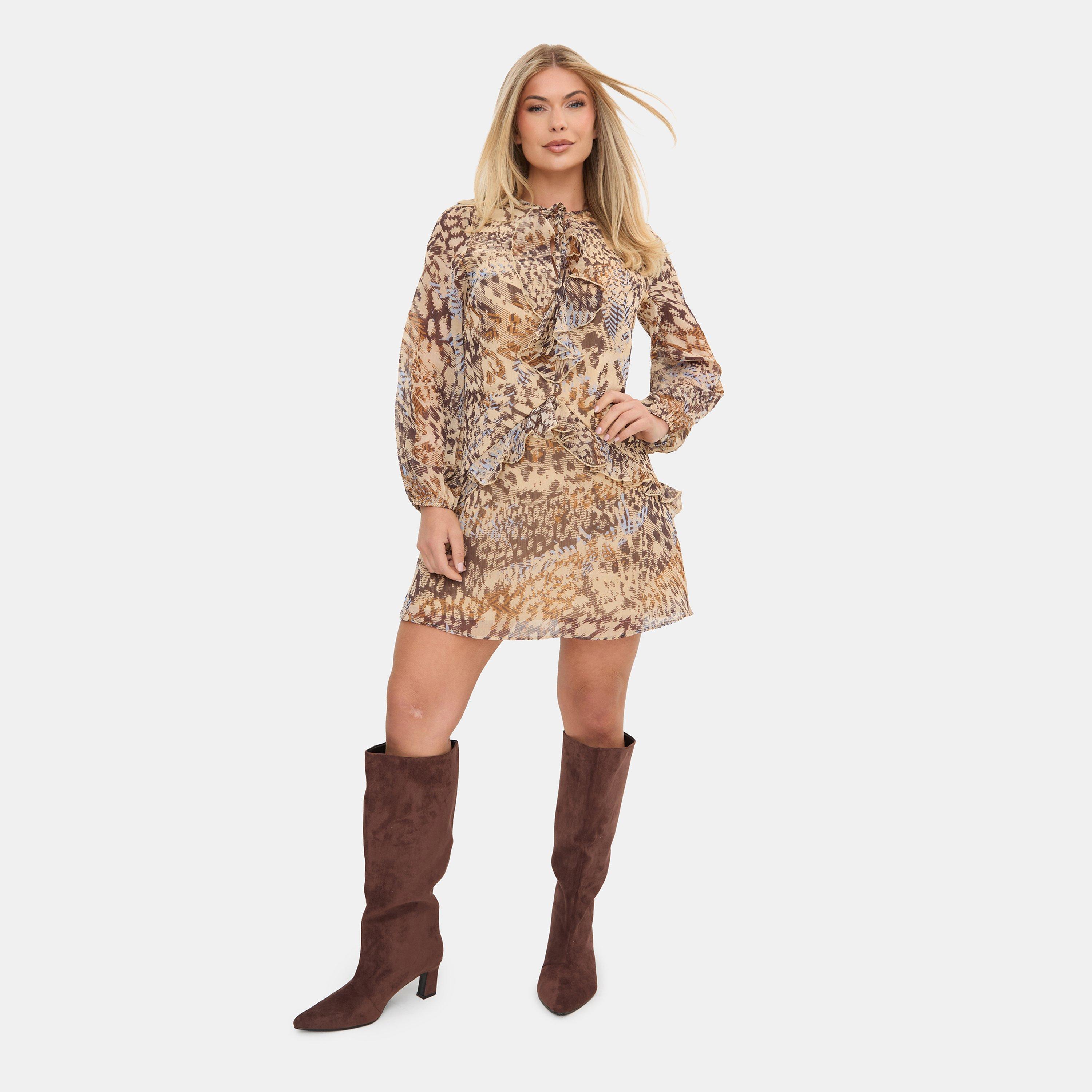 Brown - I Saw It First - Printed Ruffle Dress - 1