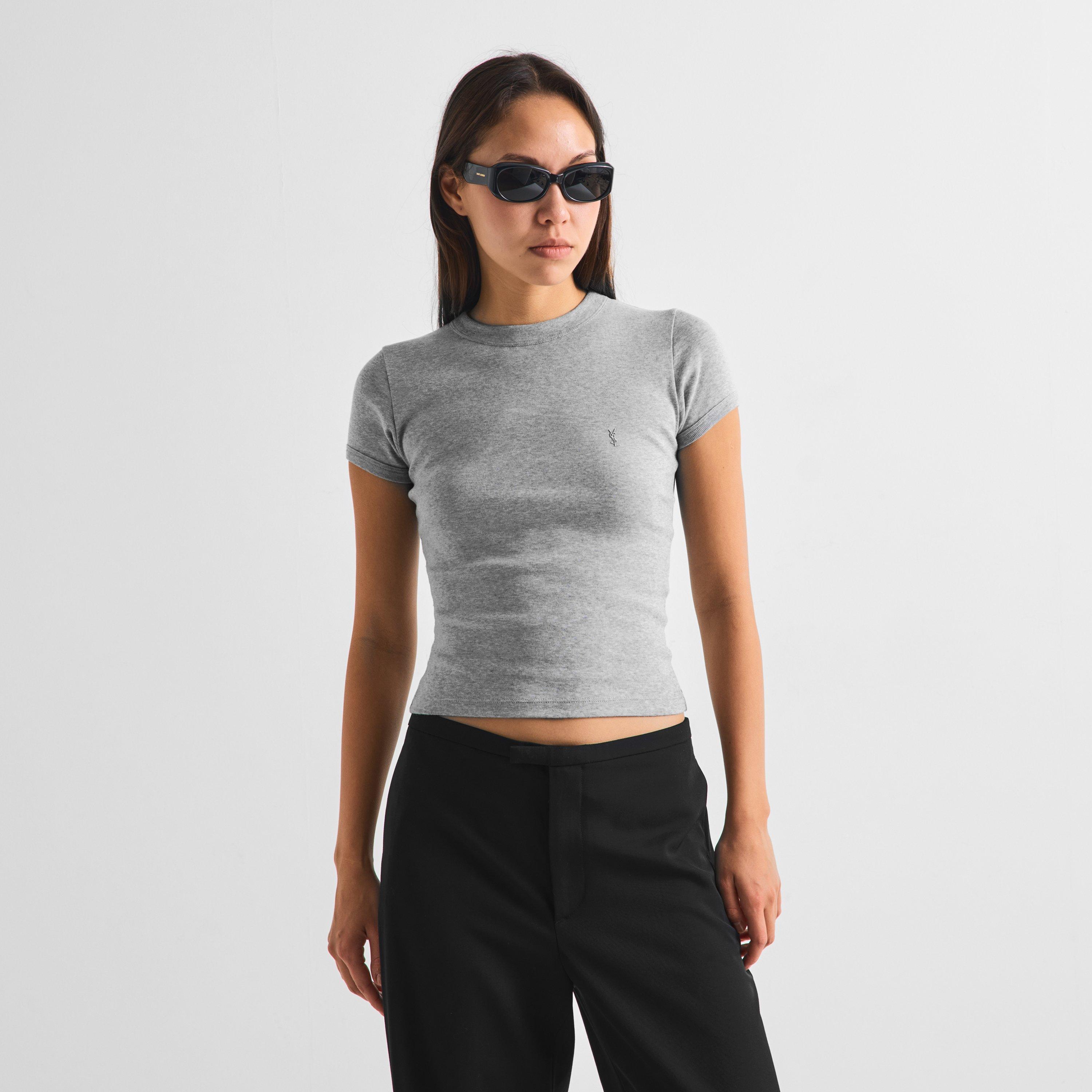 Gris Chine - Saint Laurent - Women's Cotton Short-Sleeve Crew-Neck T-Shirt - 3