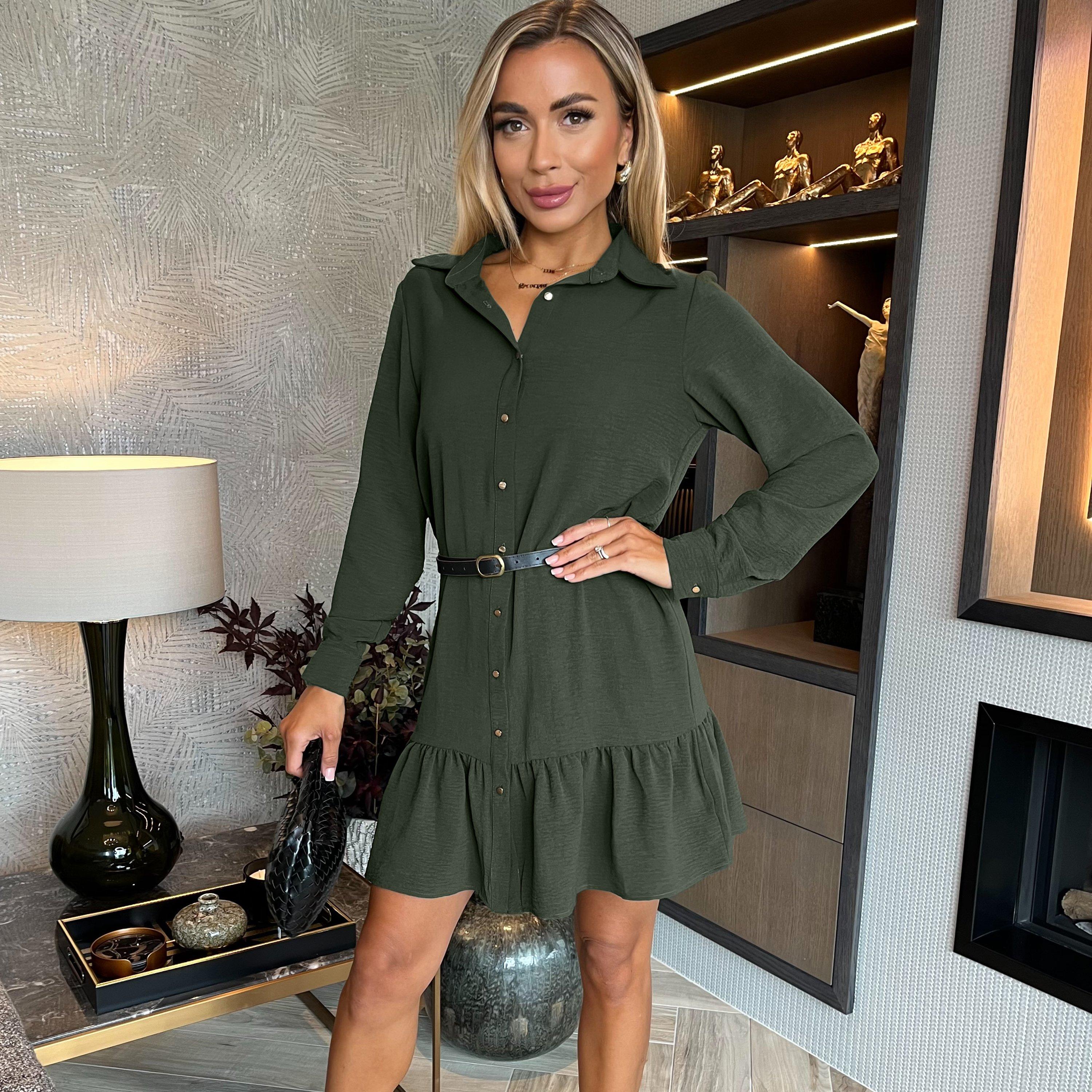 Olive - AX Paris - Long Sleeve Frill Hem Shirt Mini Dress - 1