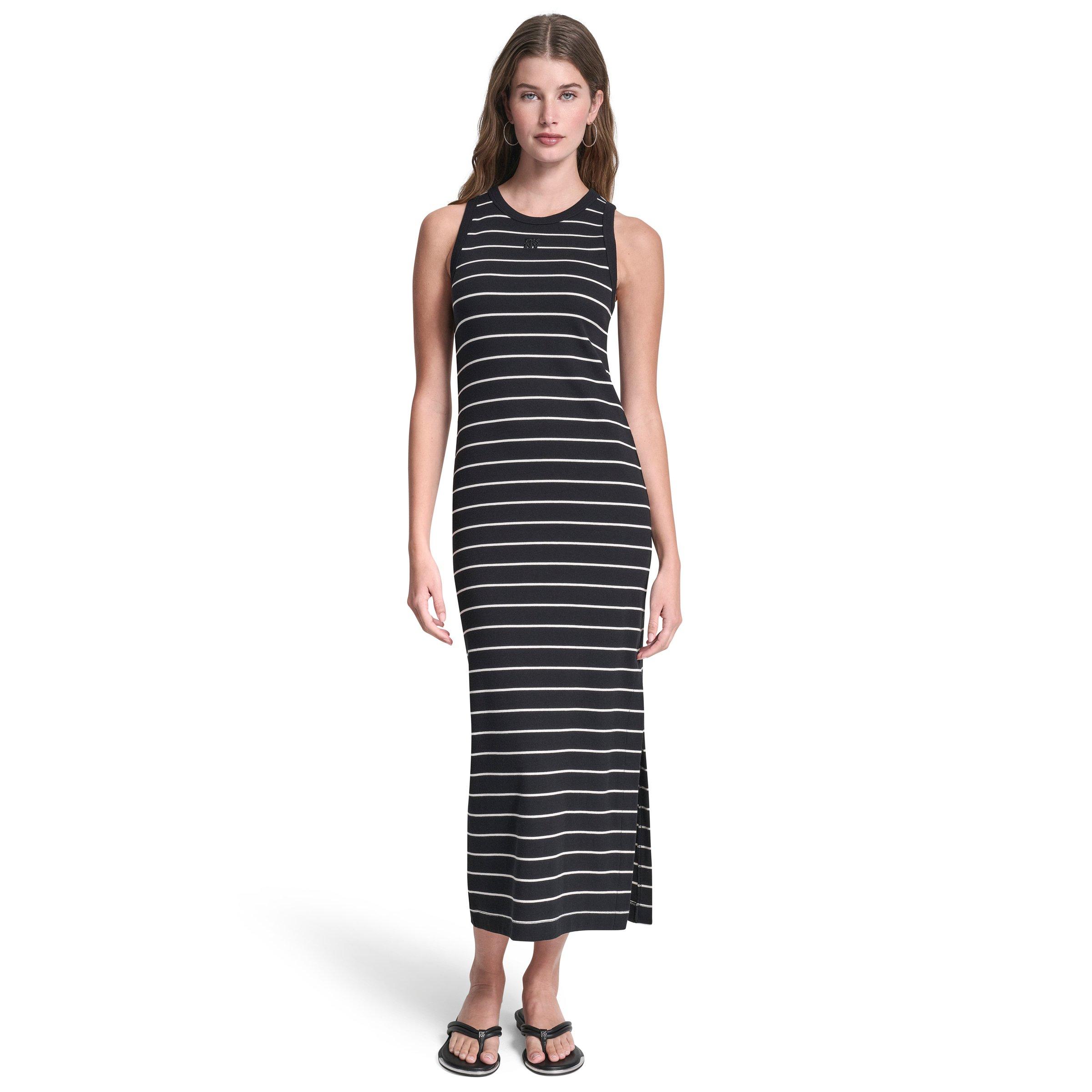 DKNY DKNY Jeans Striped Rib Tank Maxi Dress - Blk/Eggnog - Size 14 (L)