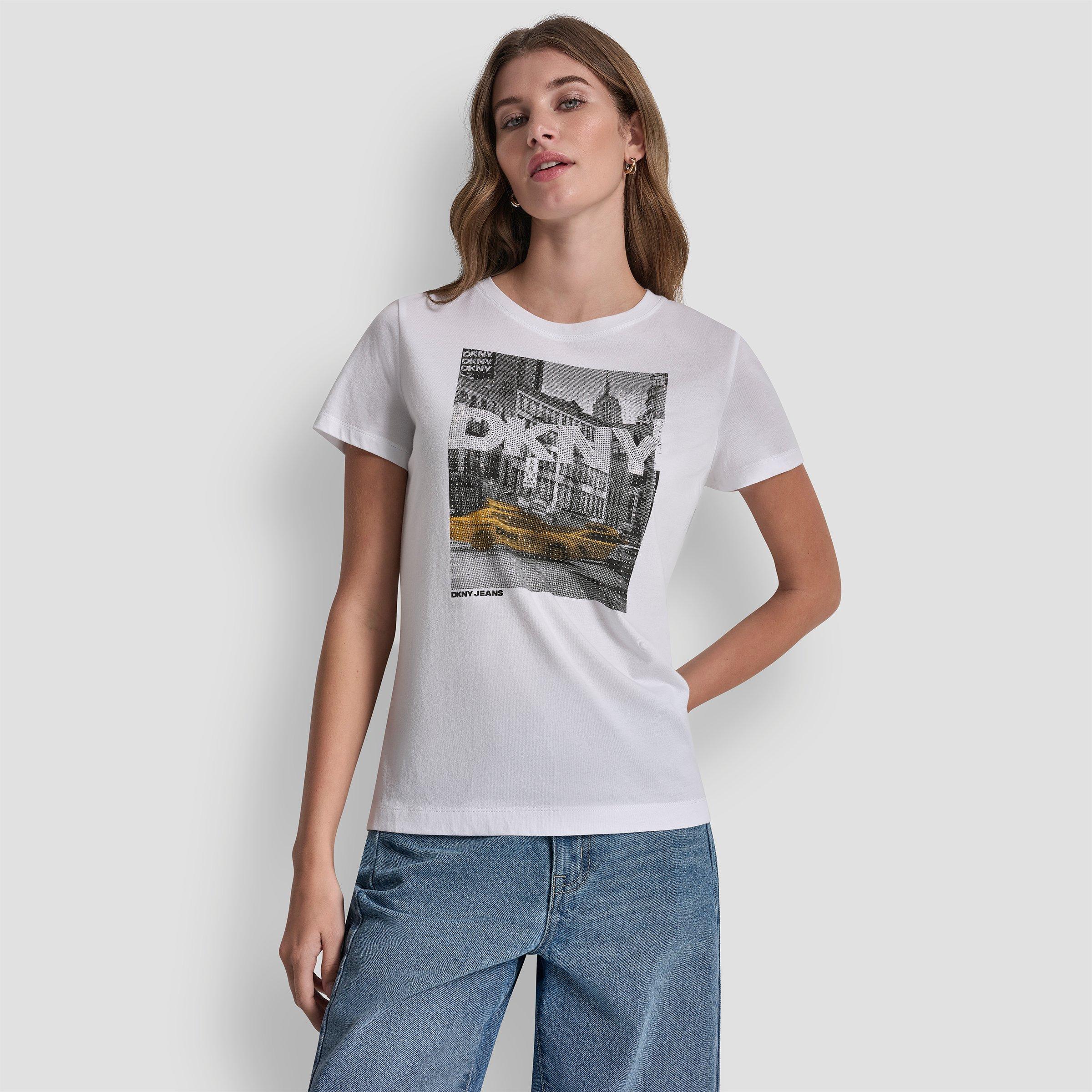 Weiß/Gelb - DKNY - DKNY Rhinestone Taxi Photoreal Logo Crew Neck Tee - 1