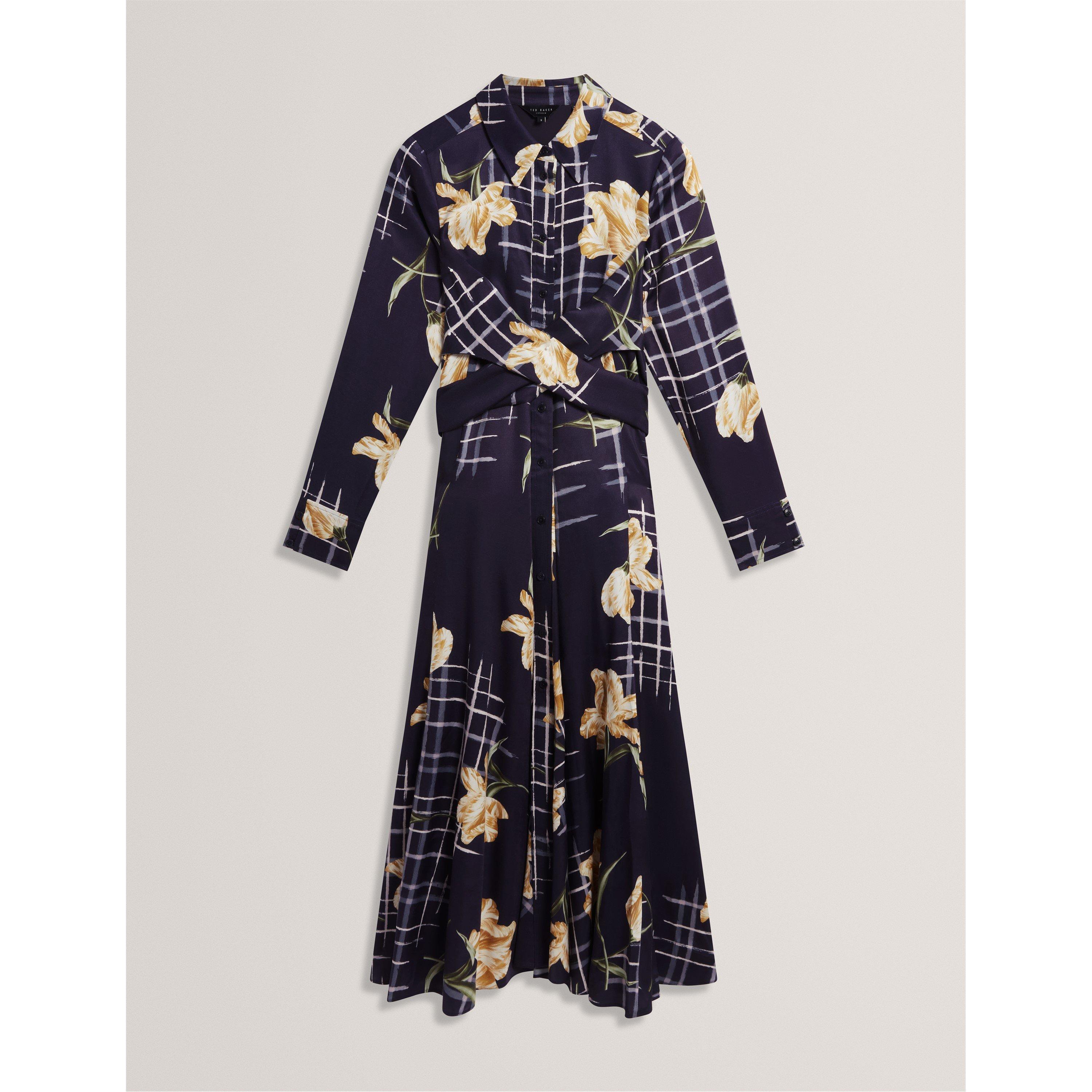 Navy - Ted Baker - Women's Long Sleeve Print Midi Wrap Dress - 1