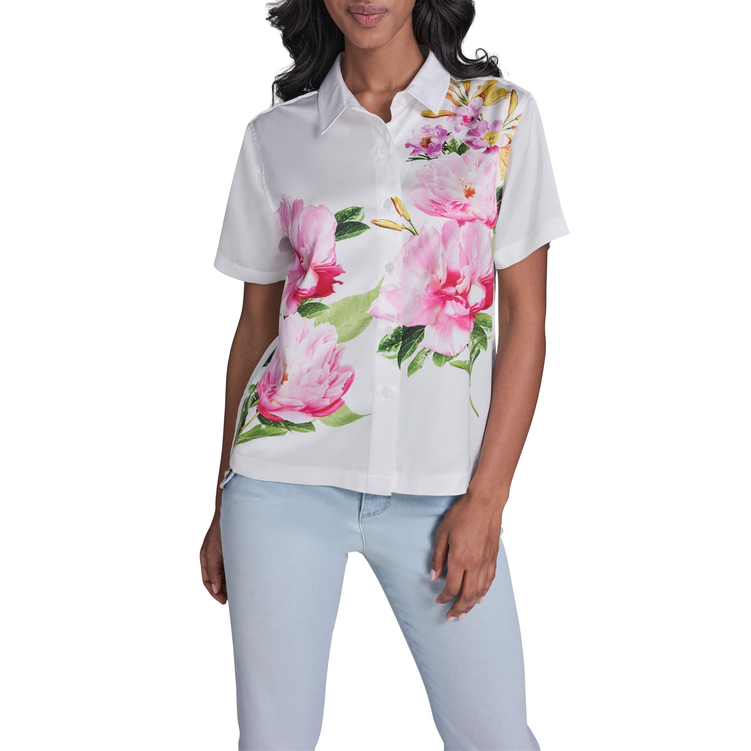 White/Floral - Karl Lagerfeld - Women's Sportswear Patterned Short Sleeve Shirt - 1