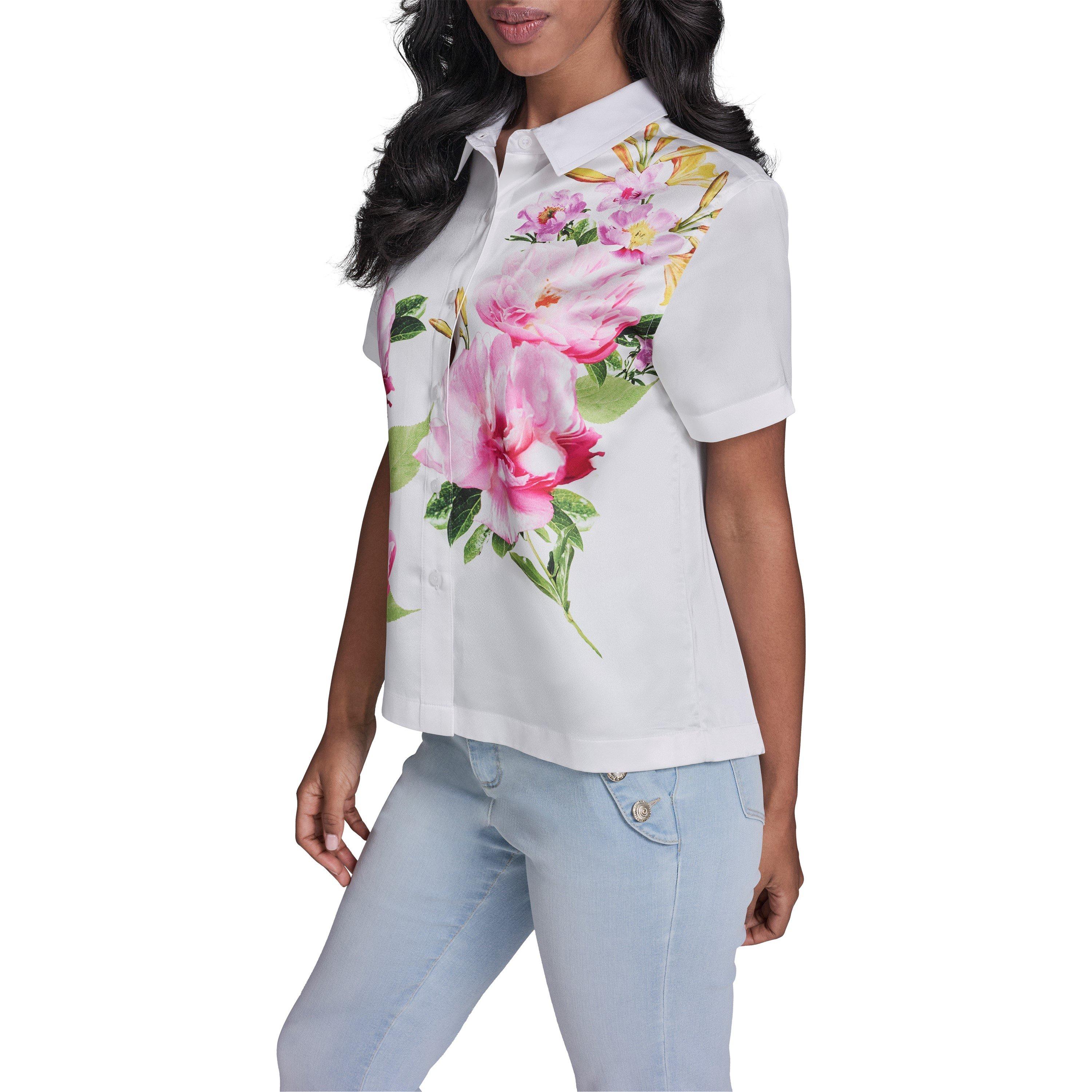 White/Floral - Karl Lagerfeld - Women's Sportswear Patterned Short Sleeve Shirt - 2