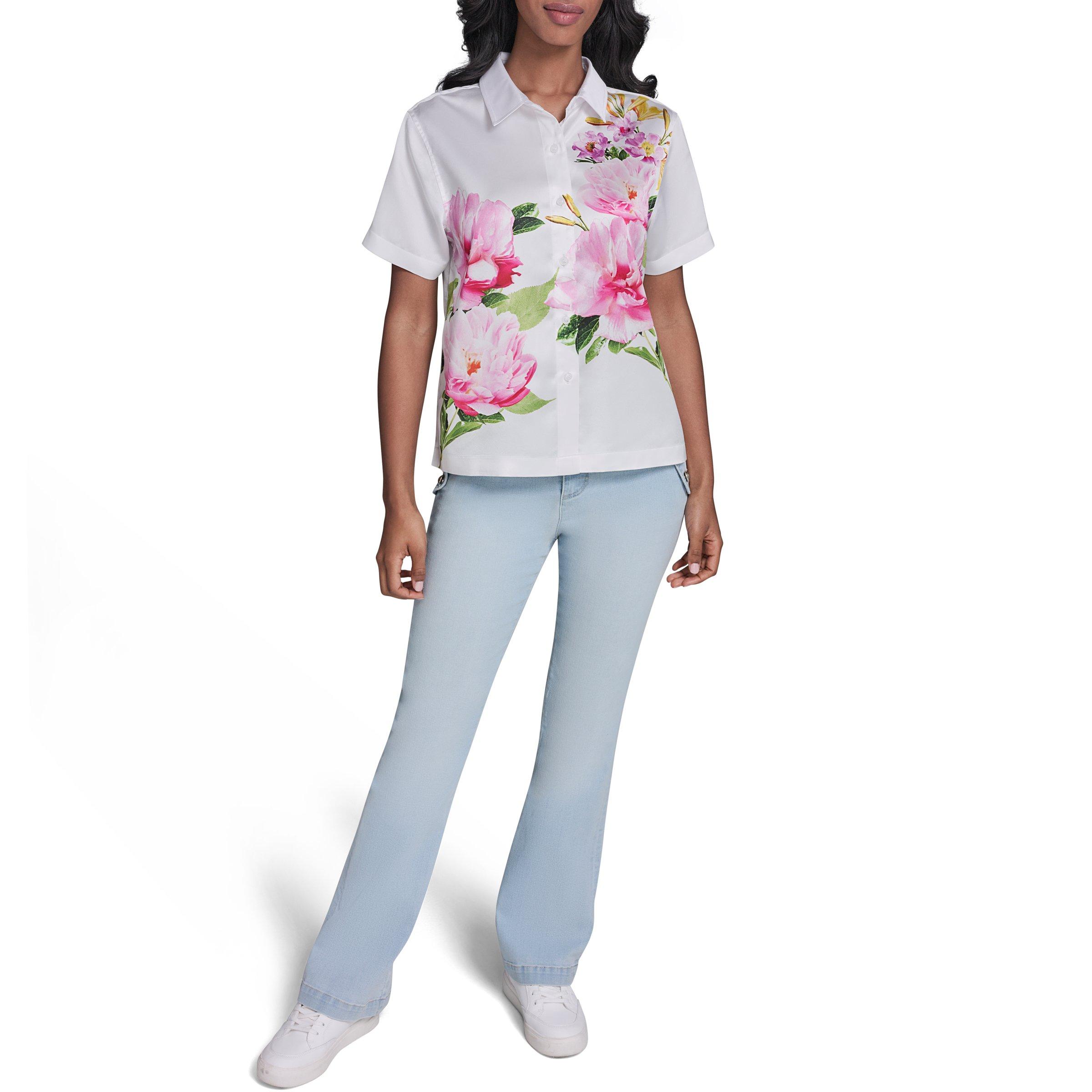 White/Floral - Karl Lagerfeld - Women's Sportswear Patterned Short Sleeve Shirt - 4