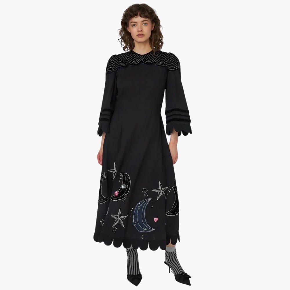 Stella Nova Stella Nova Moon and Star Embroidered Midi Dress - Black - 999 Black - Size 34 (XS)
