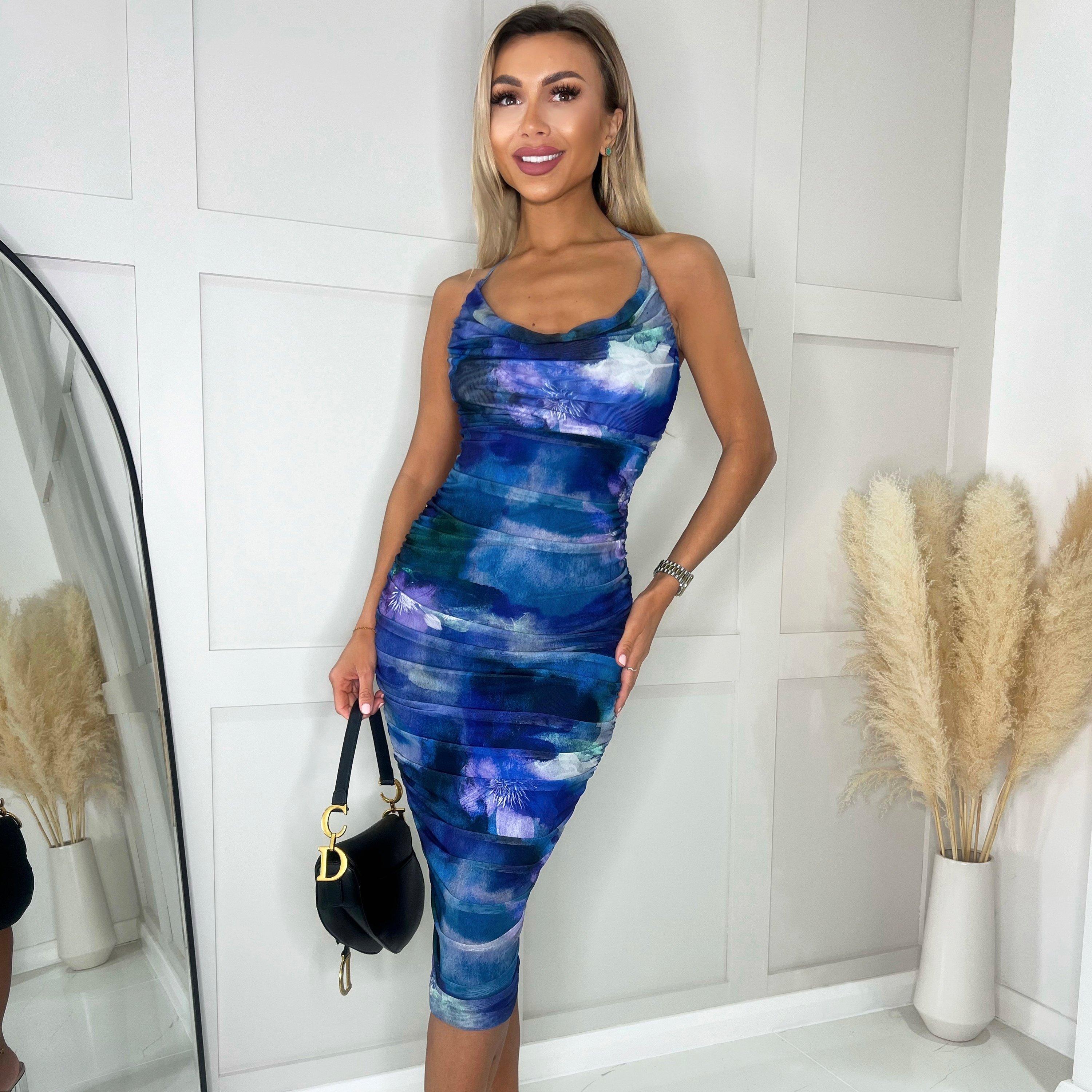 Blue - AX Paris - Printed Mesh Cowl Neck Bodycon Midi Dress - 4