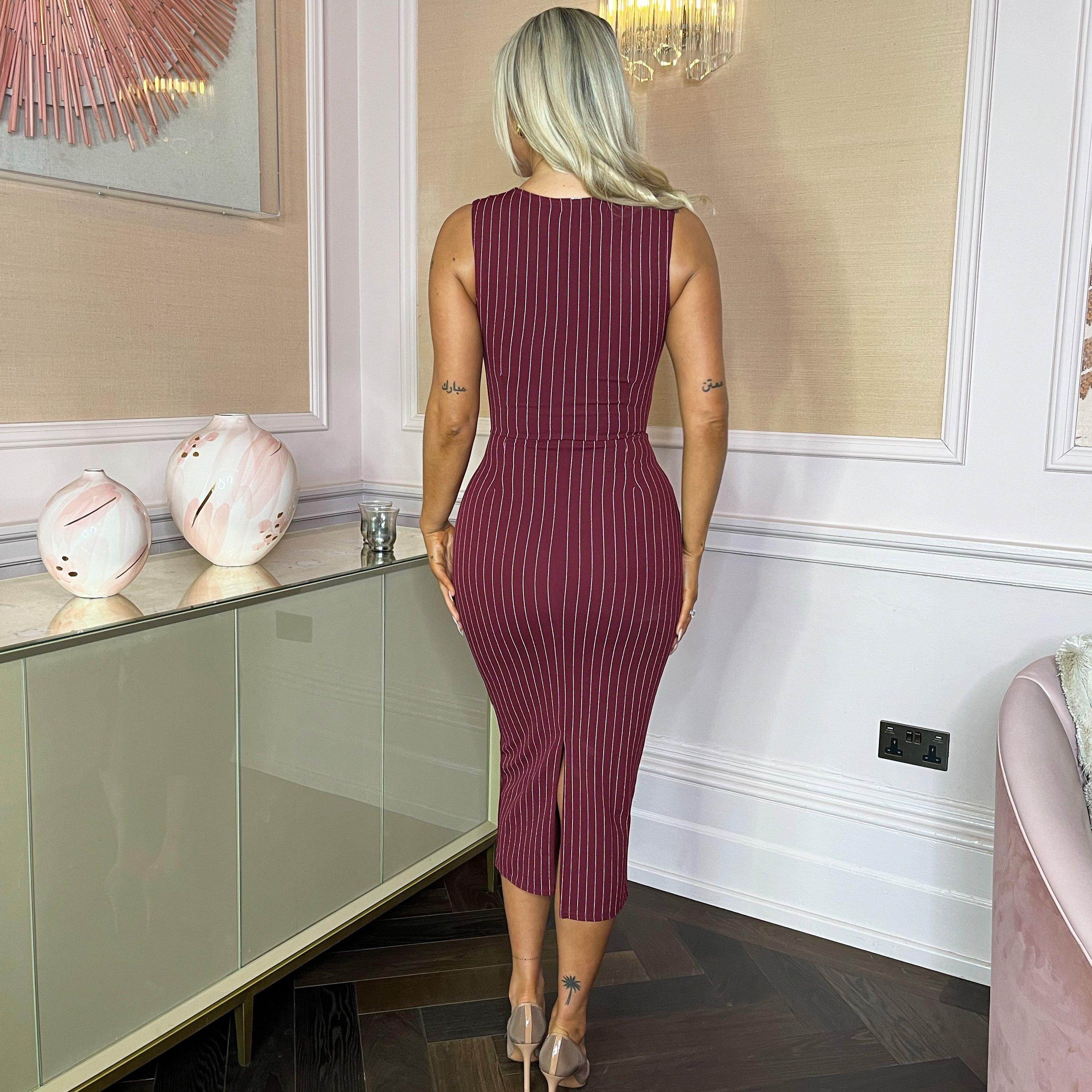 Burgundy - AX Paris - Pinstripe Waistcoat Detail Bodycon Midi Dress - 2