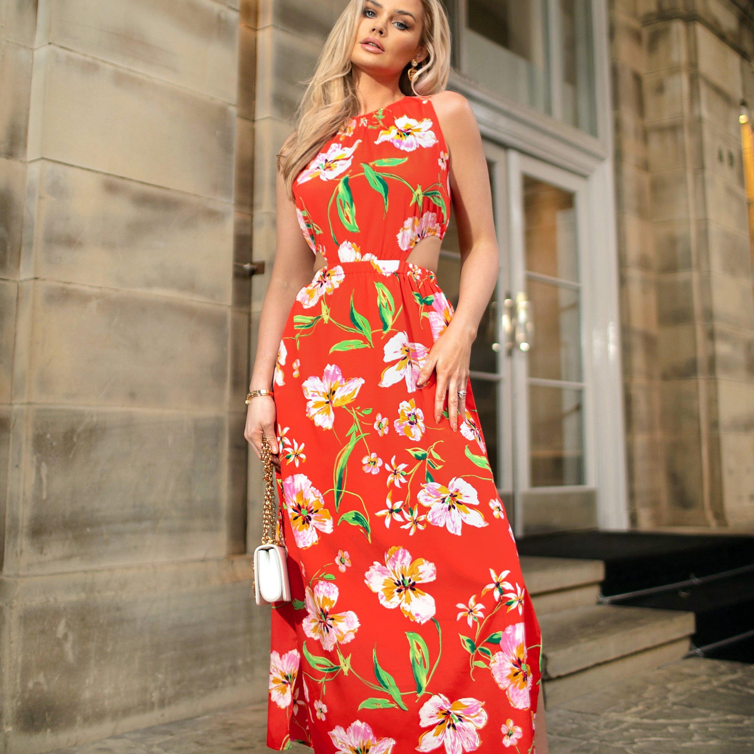 Orange - AX Paris - Floral Cut Out Waist Midi Dress - 3