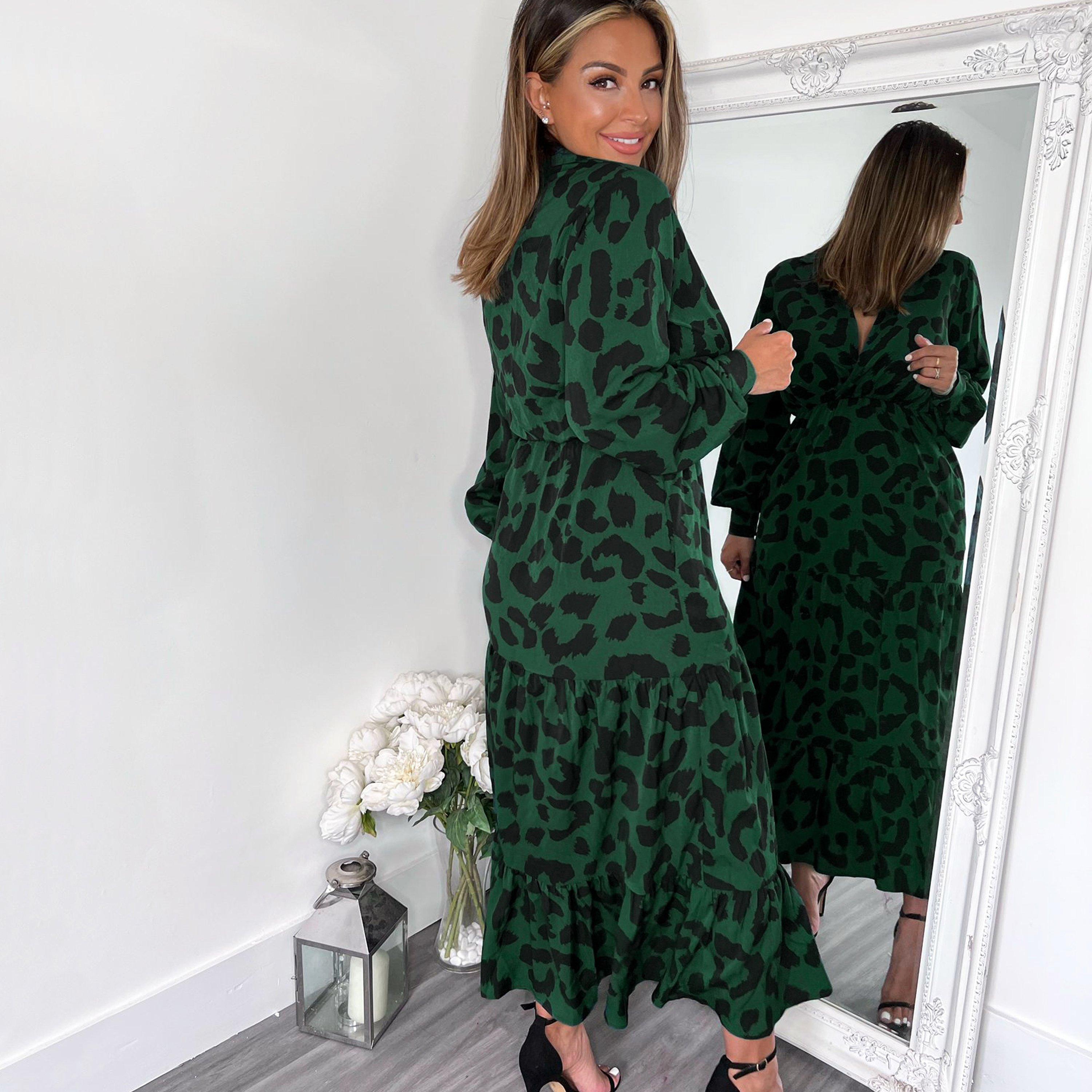 Green - AX Paris - Leopard Print Long Sleeve Smock Midi Dress - 2