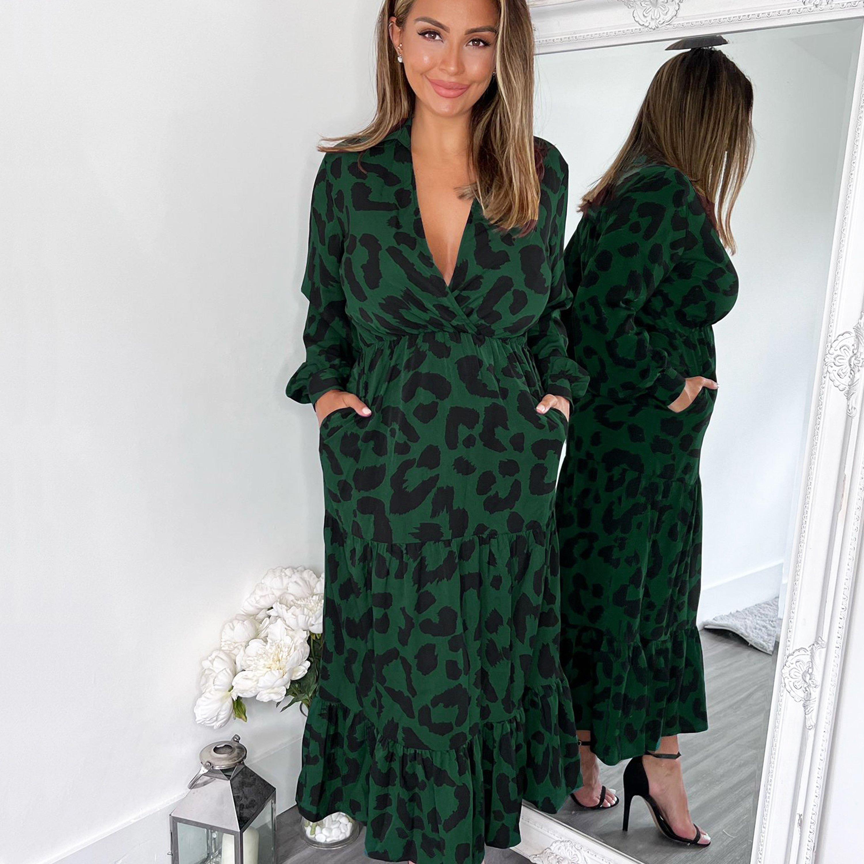 Green - AX Paris - Leopard Print Long Sleeve Smock Midi Dress - 3
