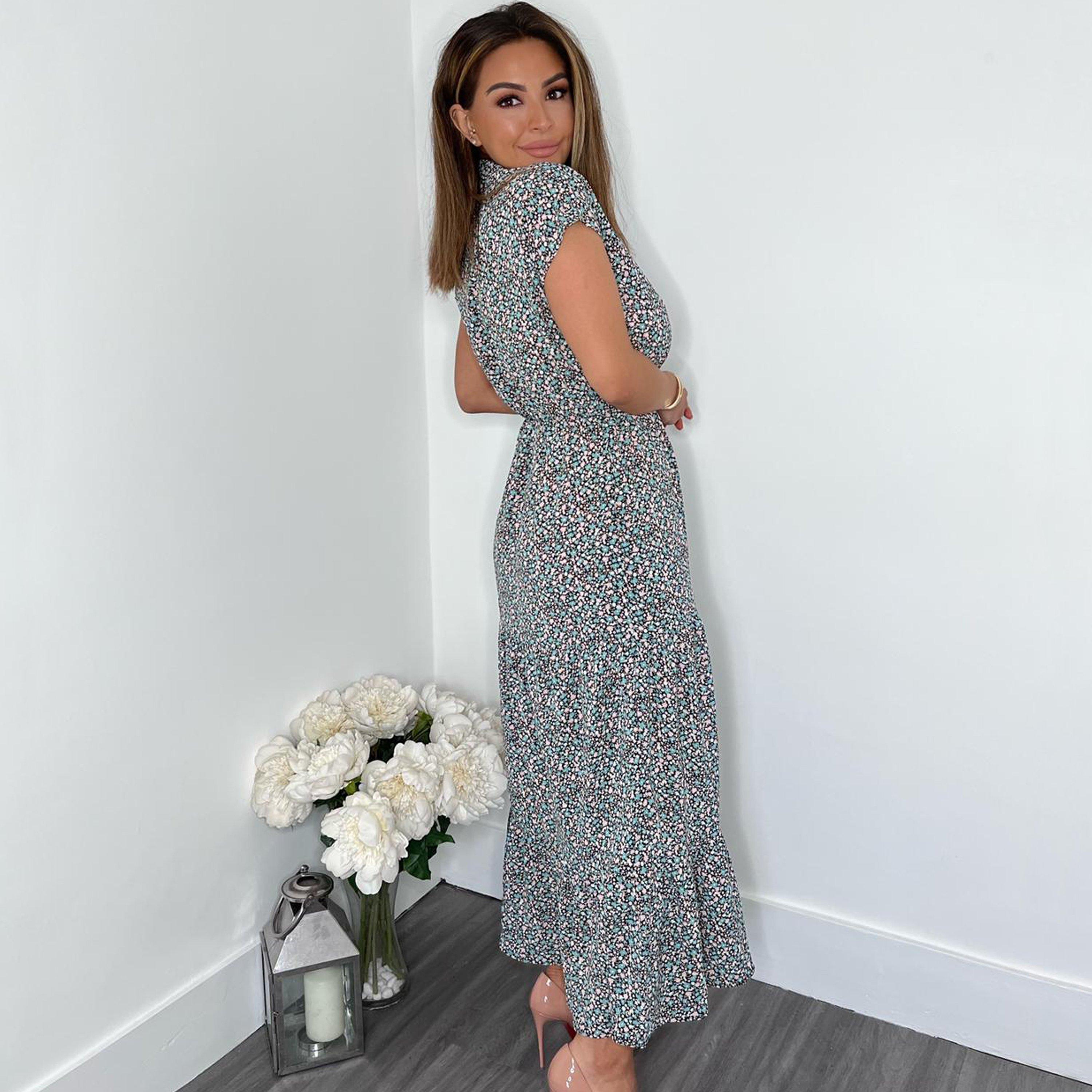 Black - AX Paris - Floral Print Short Sleeved V-Neck Midi Smock Dress - 2