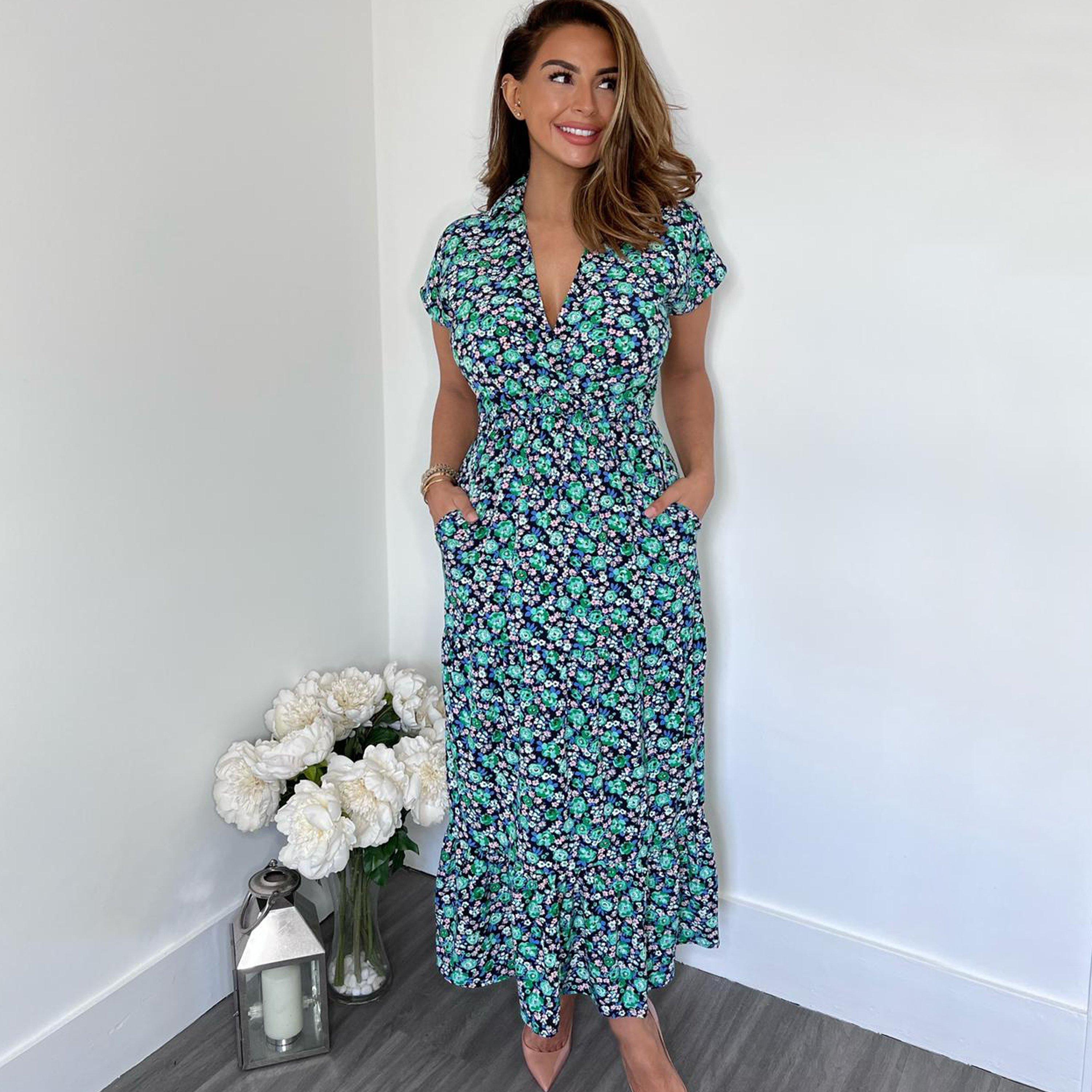 Navy - AX Paris - Floral Print Short Sleeved V-Neck Midi Smock Dress - 3