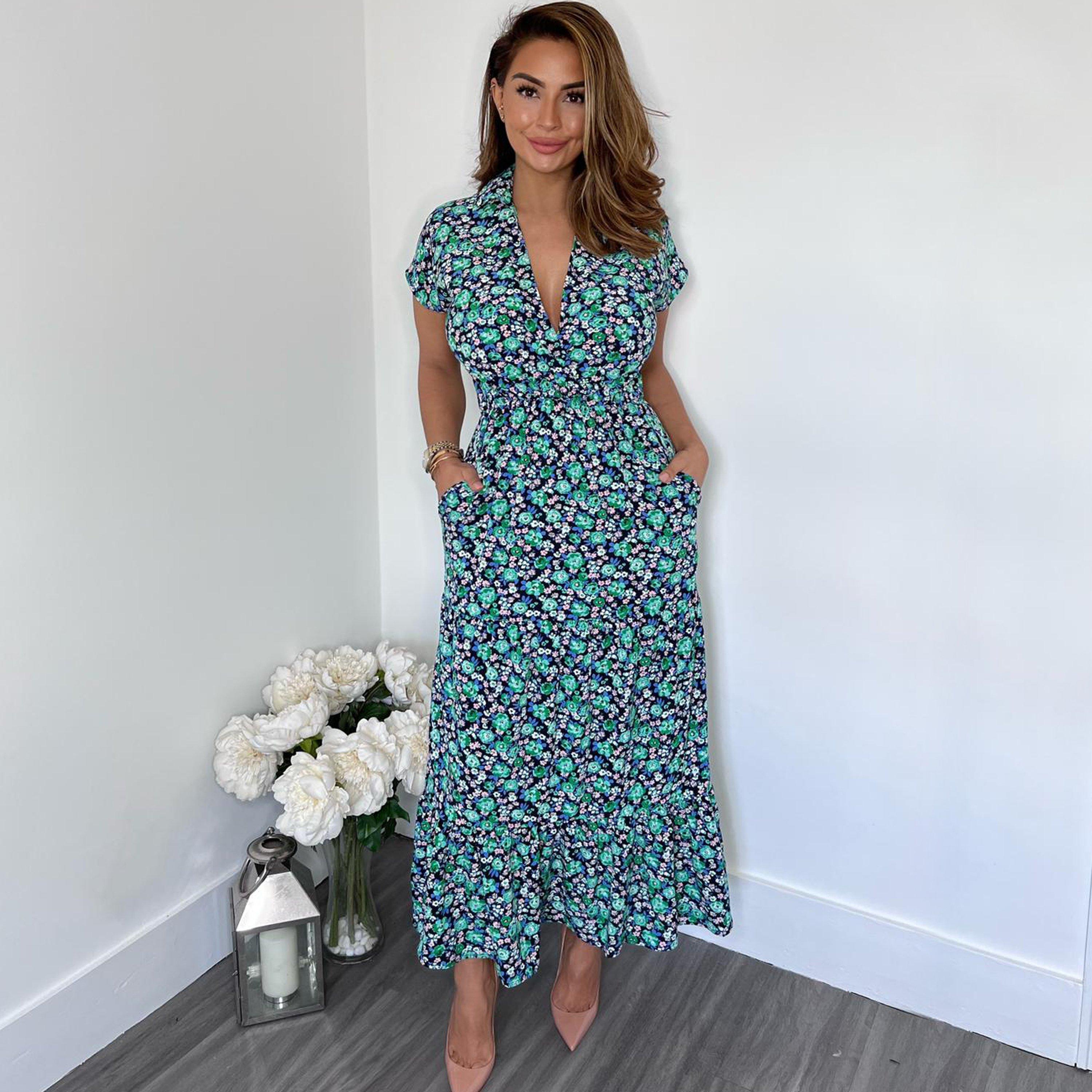 Navy - AX Paris - Floral Print Short Sleeved V-Neck Midi Smock Dress - 4