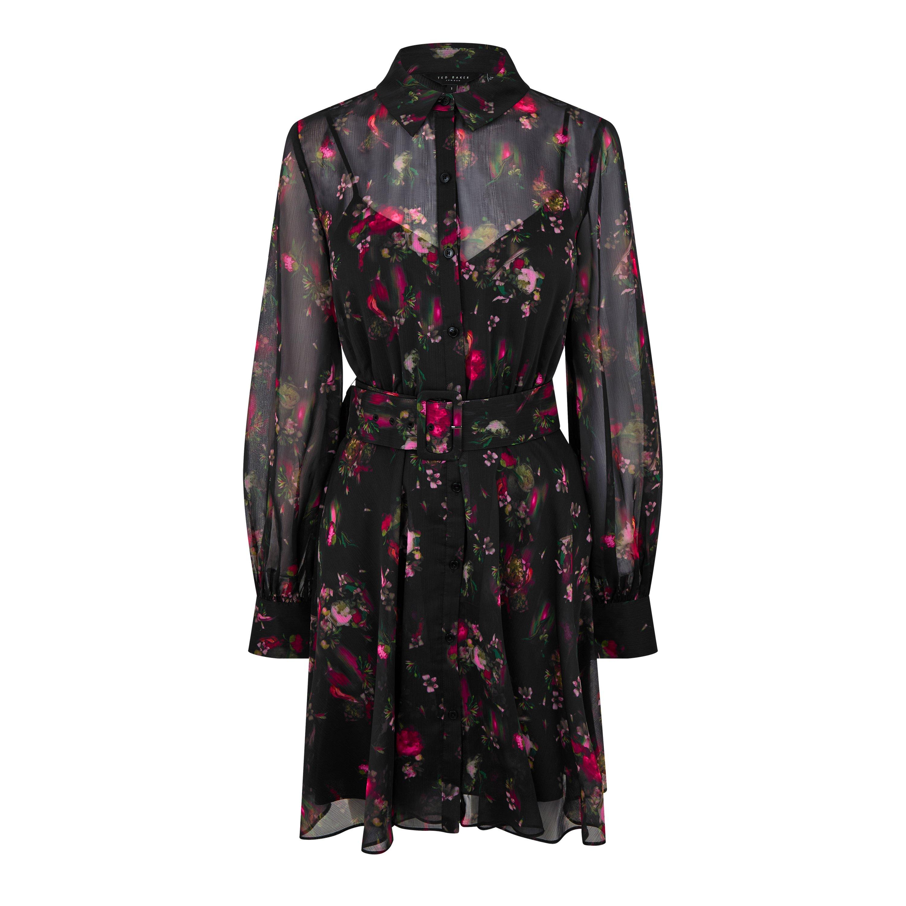 zwart - Ted Baker - Women's Collared Printed Button Down Mini Smock Dress - 5