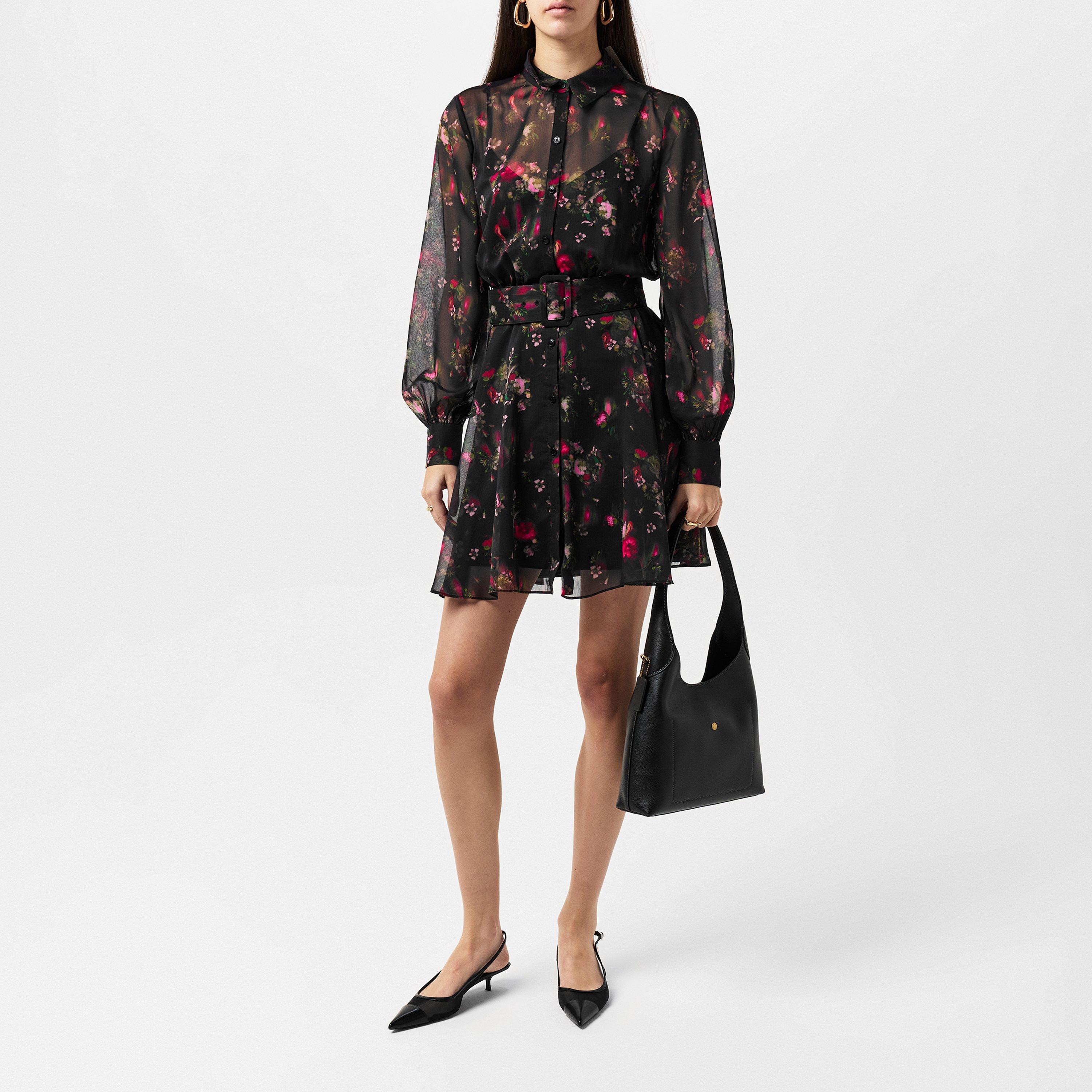 zwart - Ted Baker - Women's Collared Printed Button Down Mini Smock Dress - 4