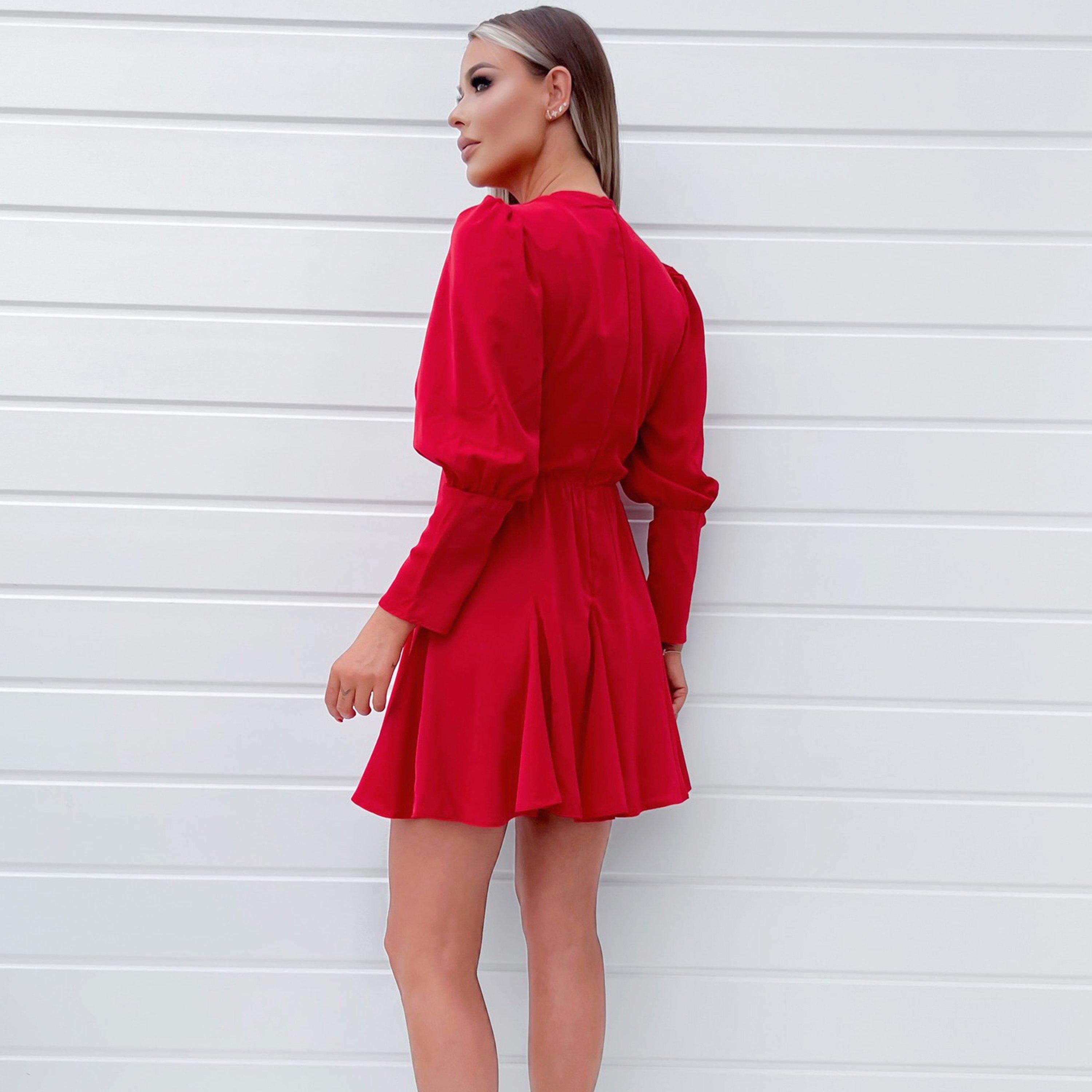 Red - AX Paris - V-Neck Long Sleeve Skater Dress - 2