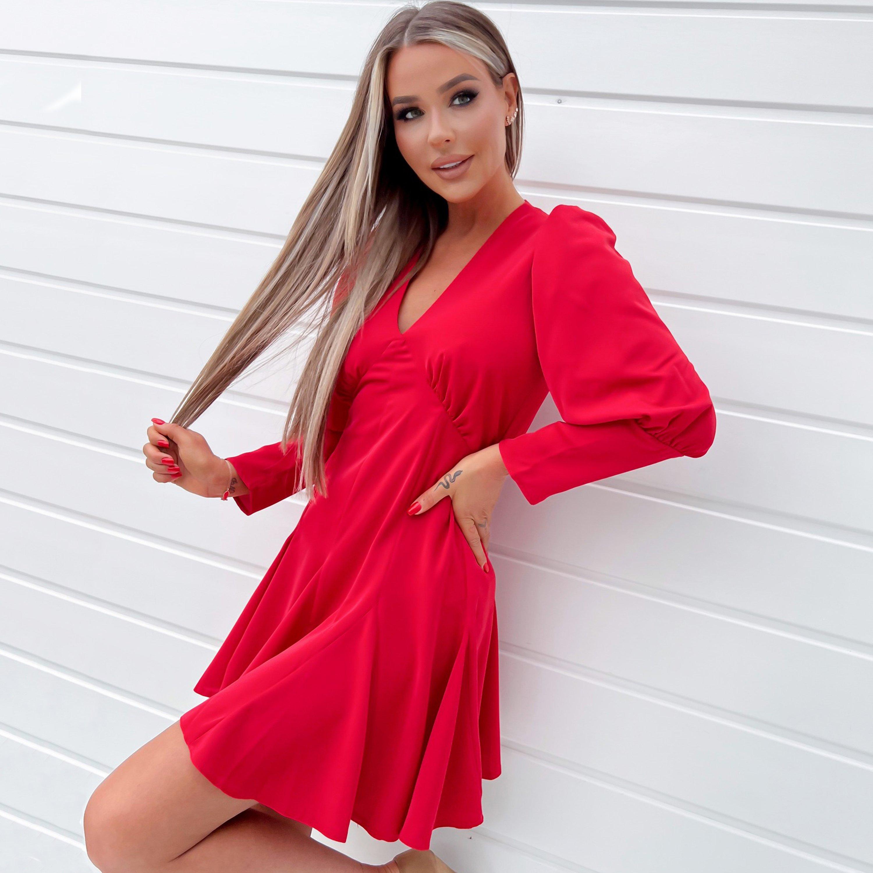 Red - AX Paris - V-Neck Long Sleeve Skater Dress - 3