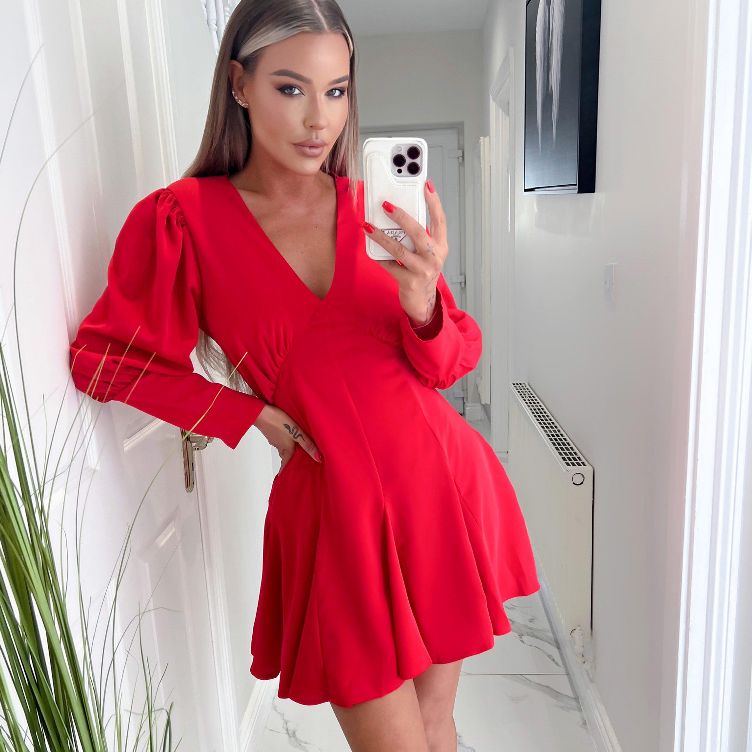 Red - AX Paris - V-Neck Long Sleeve Skater Dress - 4