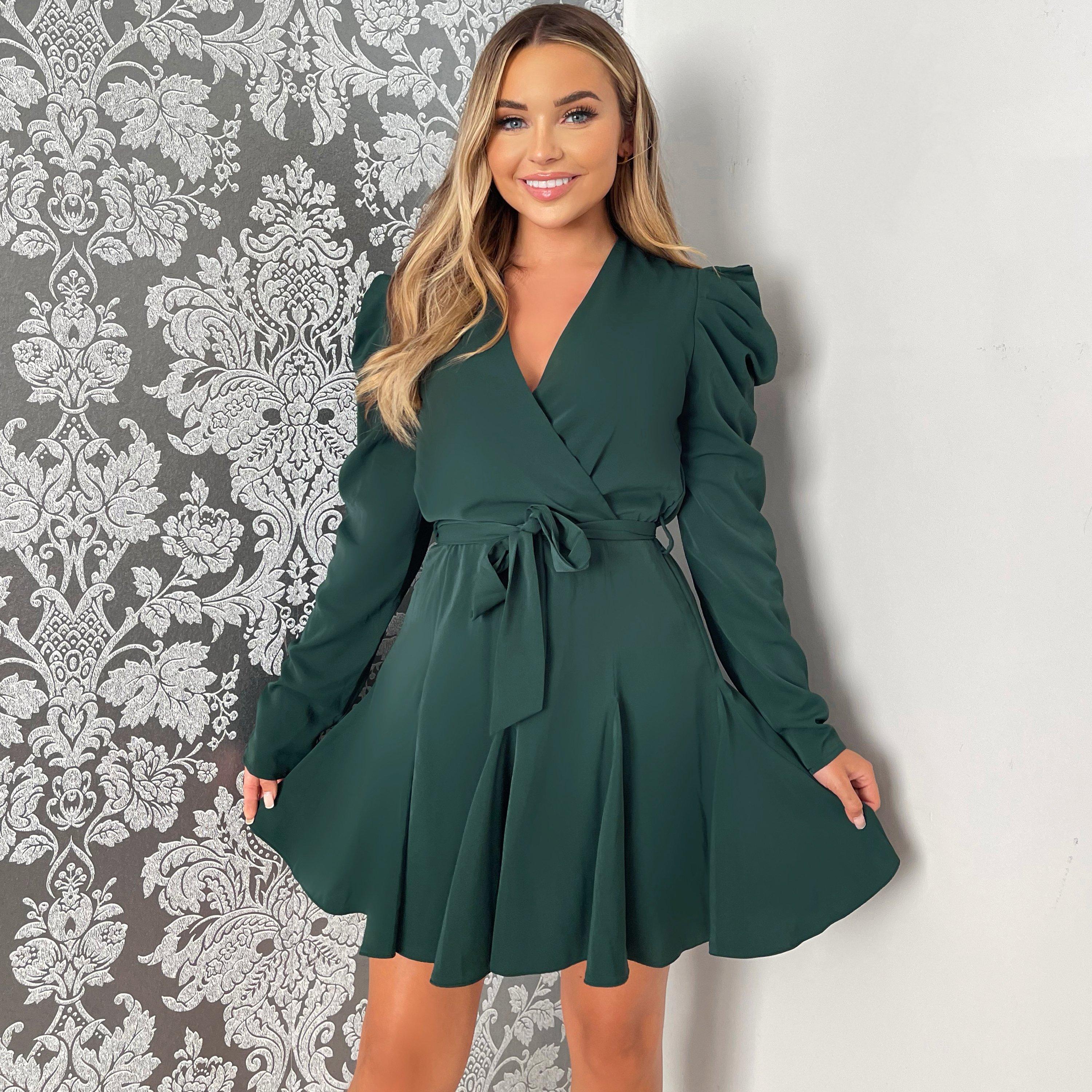Teal - AX Paris - Long Sleeve Tie Waist Skater Dress - 3