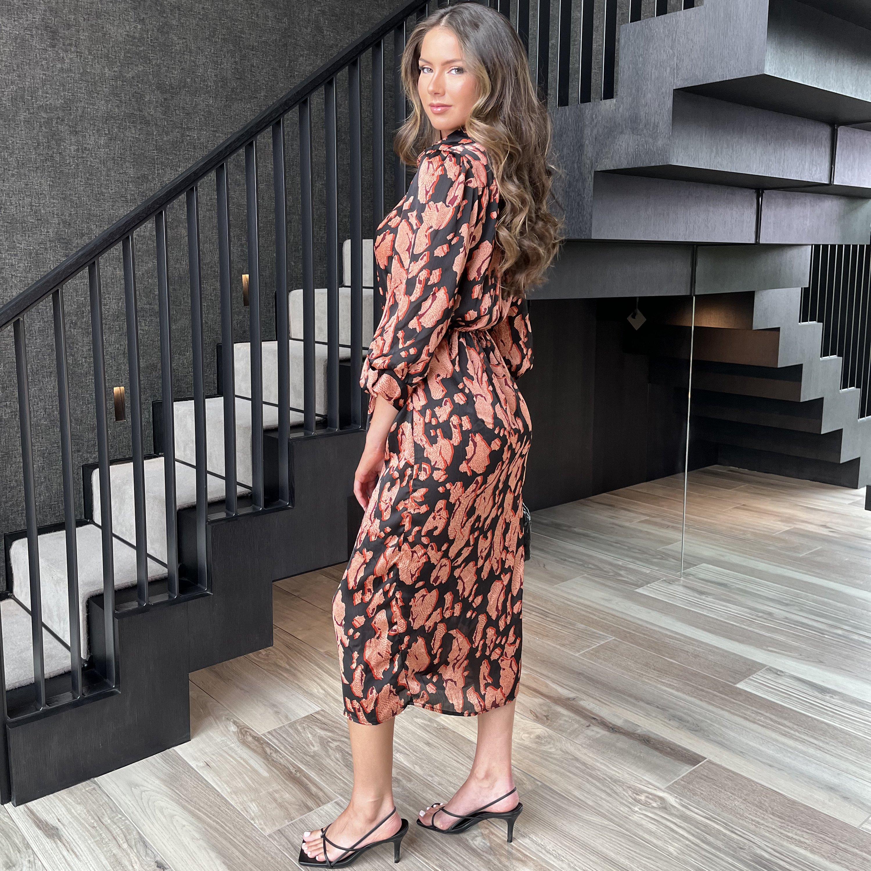 Black - AX Paris - Print three quarter Sleeved Tie Waist Midi Dress - 4