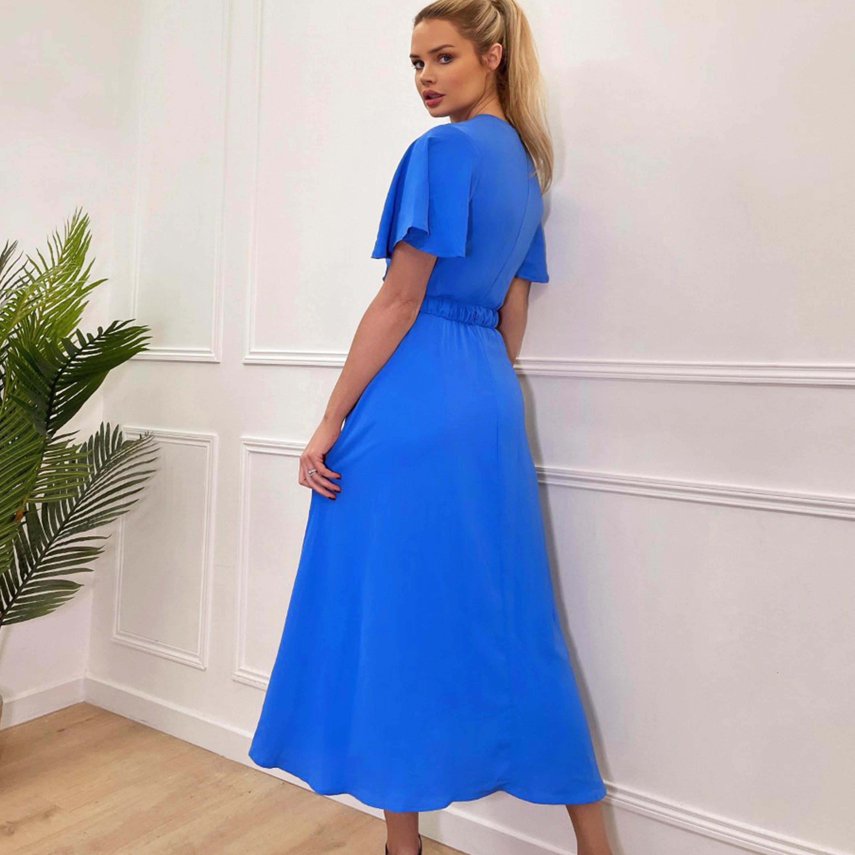 Blue - AX Paris - Short Sleeve Belted Wrap Midi Dress - 2