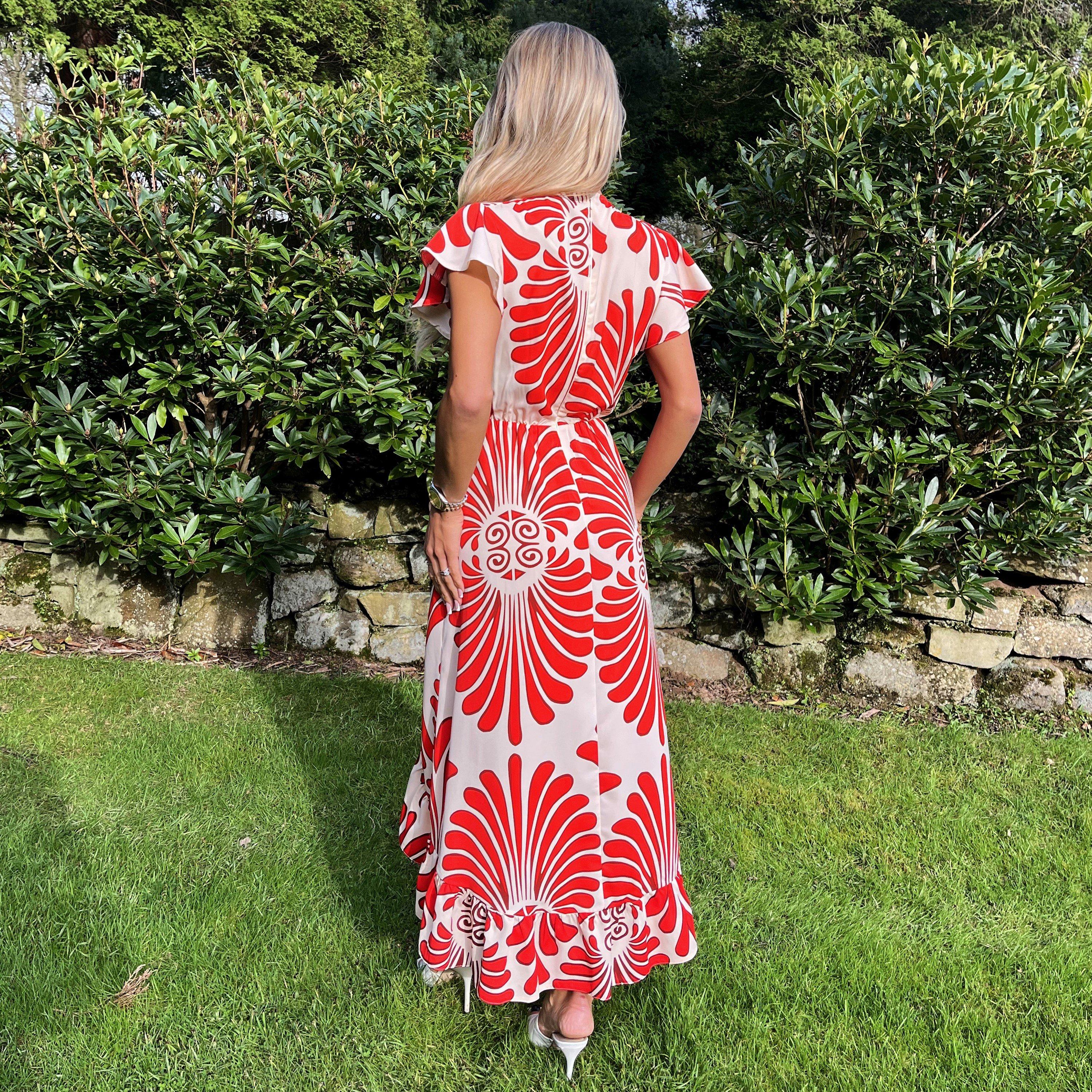 Burnt Orange - AX Paris - Print Wrap Over High Low Frill Hem Midi Dress - 2