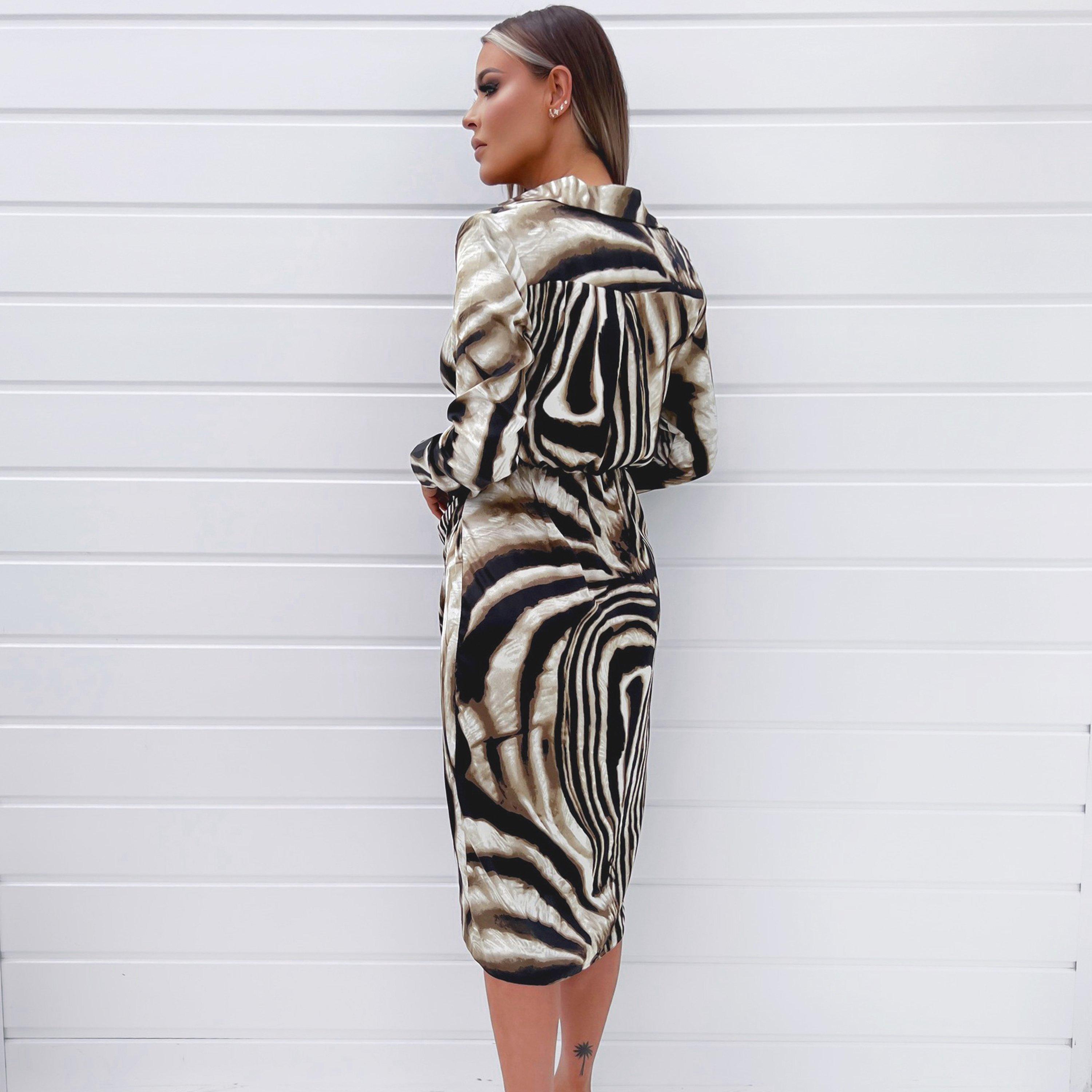 Brown - AX Paris - Printed Long Sleeve Wrap Dress With Shoulder Pads - 2