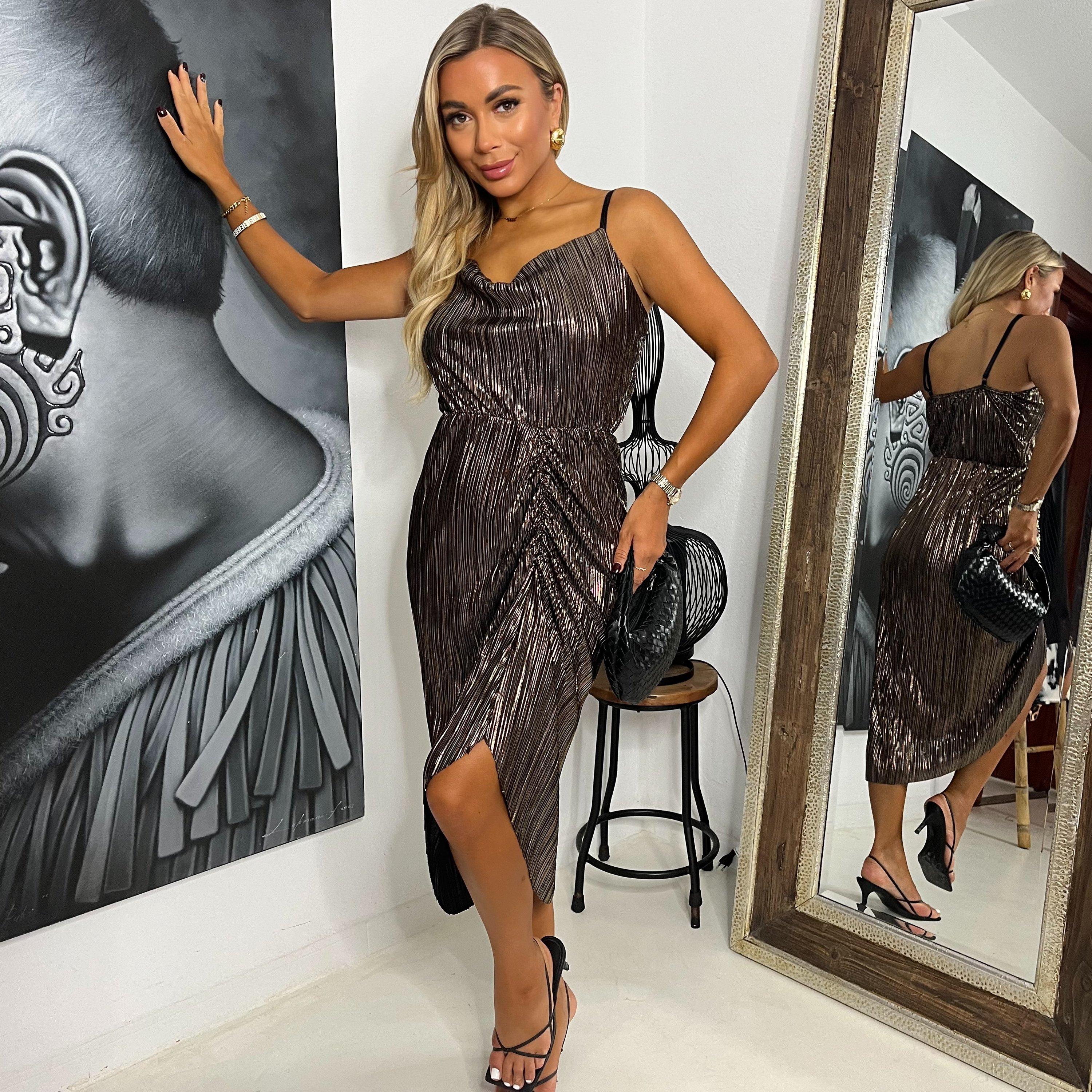 AX Paris Bronze Plisse Strappy Cowl Neck Gathered Skirt Midi Dress