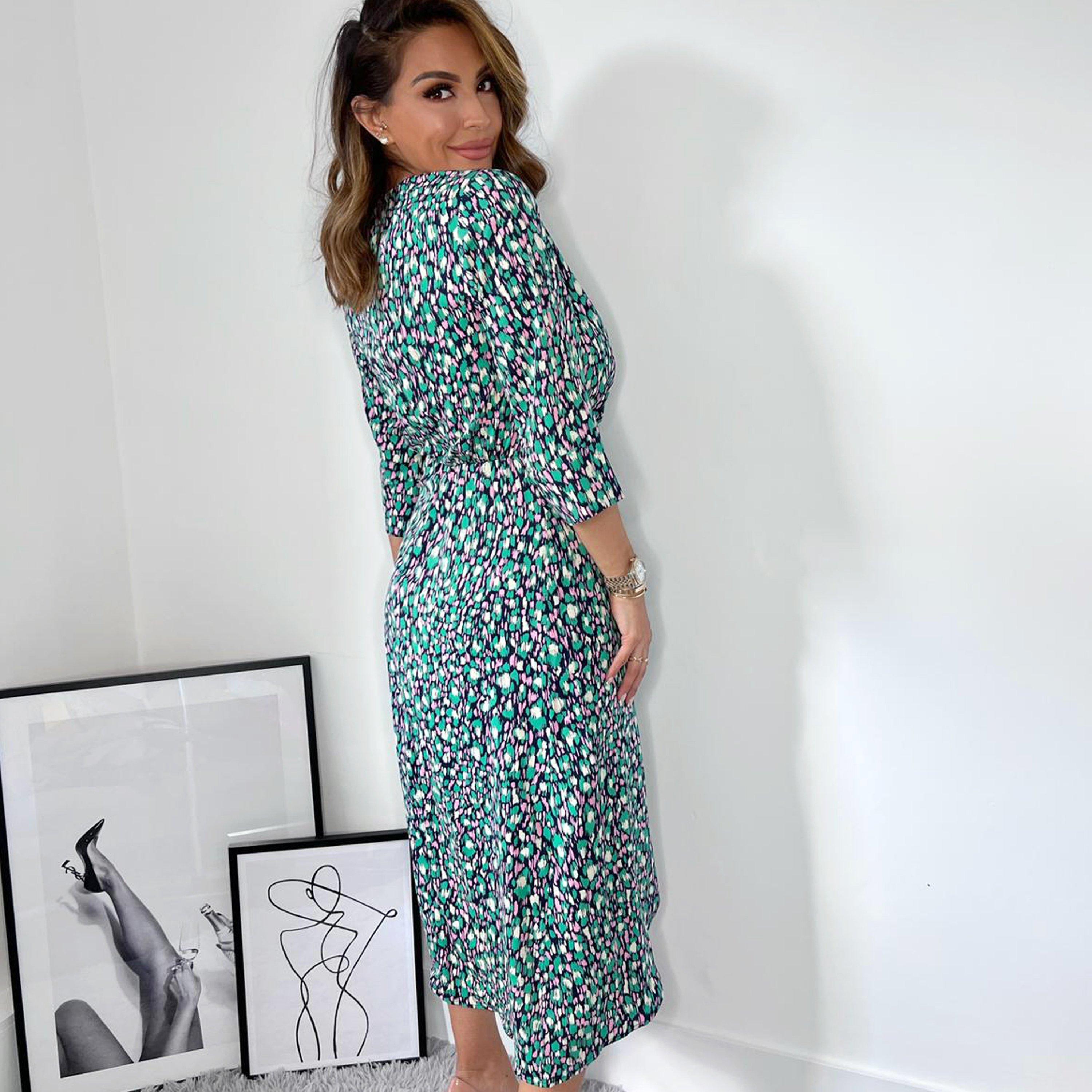 Navy - AX Paris - Green And Pink Printed Wrap Tie Front Midi Dress - 2