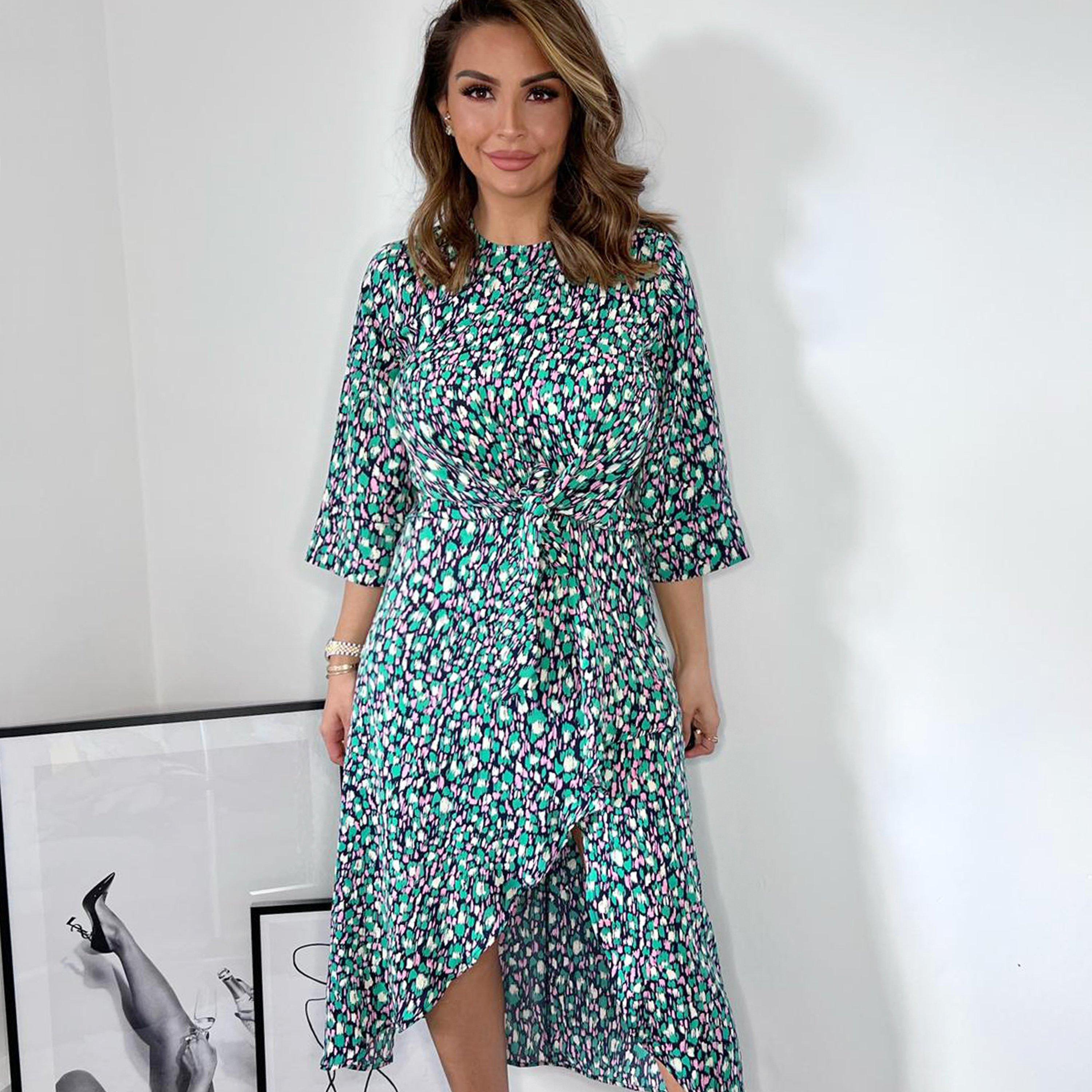 Navy - AX Paris - Green And Pink Printed Wrap Tie Front Midi Dress - 3