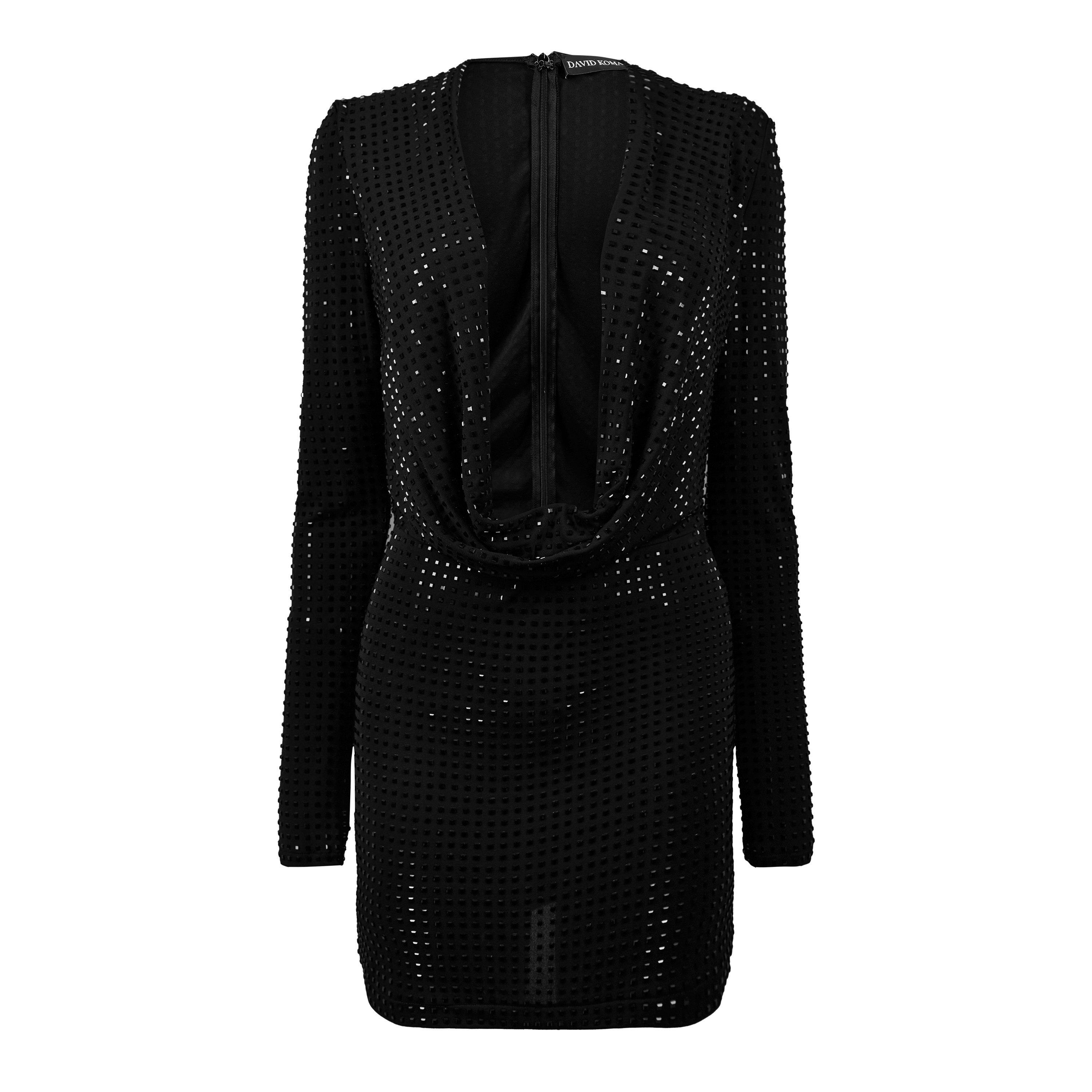 Black/Black - David Koma - Crystal Cowl Neck Long Sleeve Mini Dress - 5