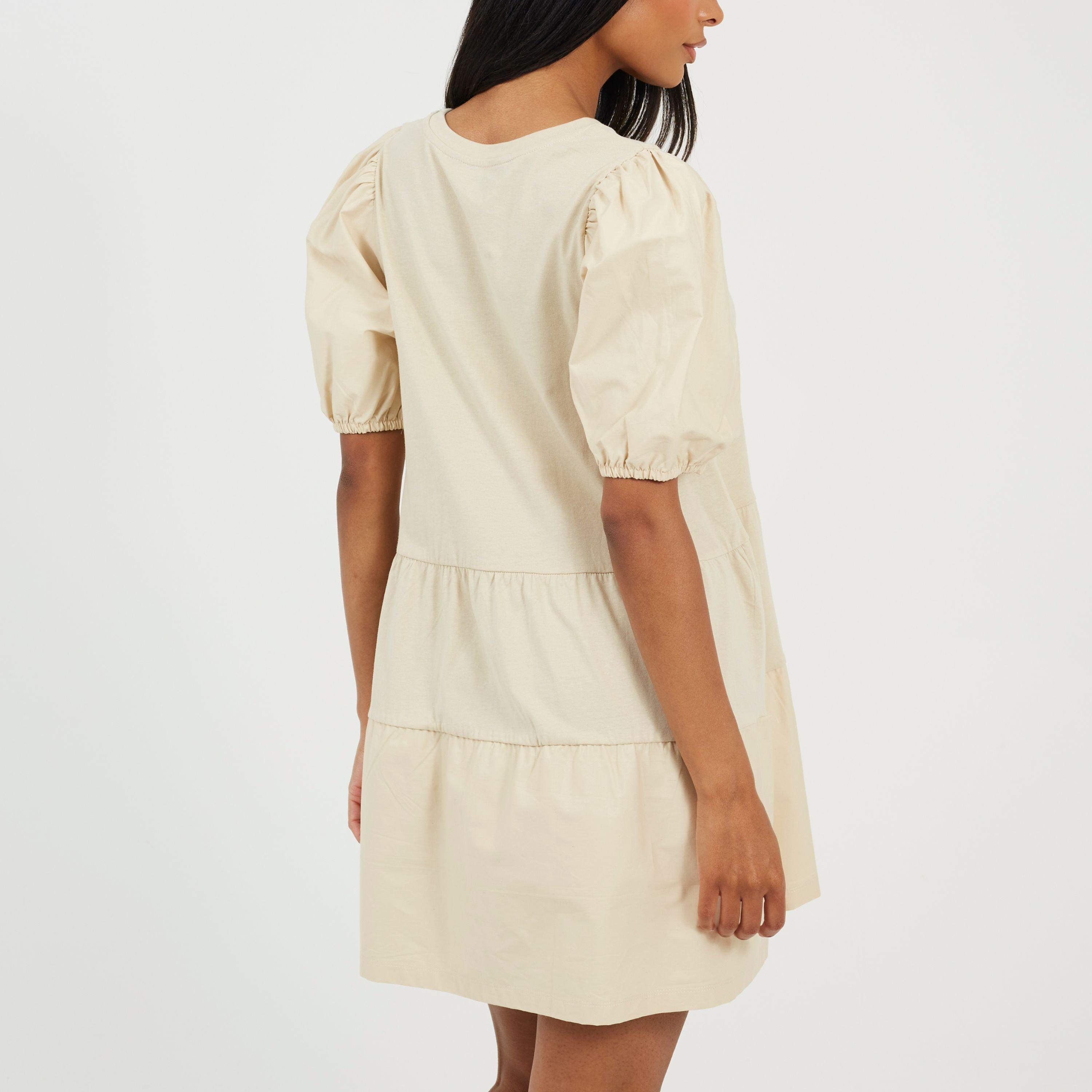 Stone - Brave Soul - Womens Puff Sleeve Crew Neck Mini Dress - 2