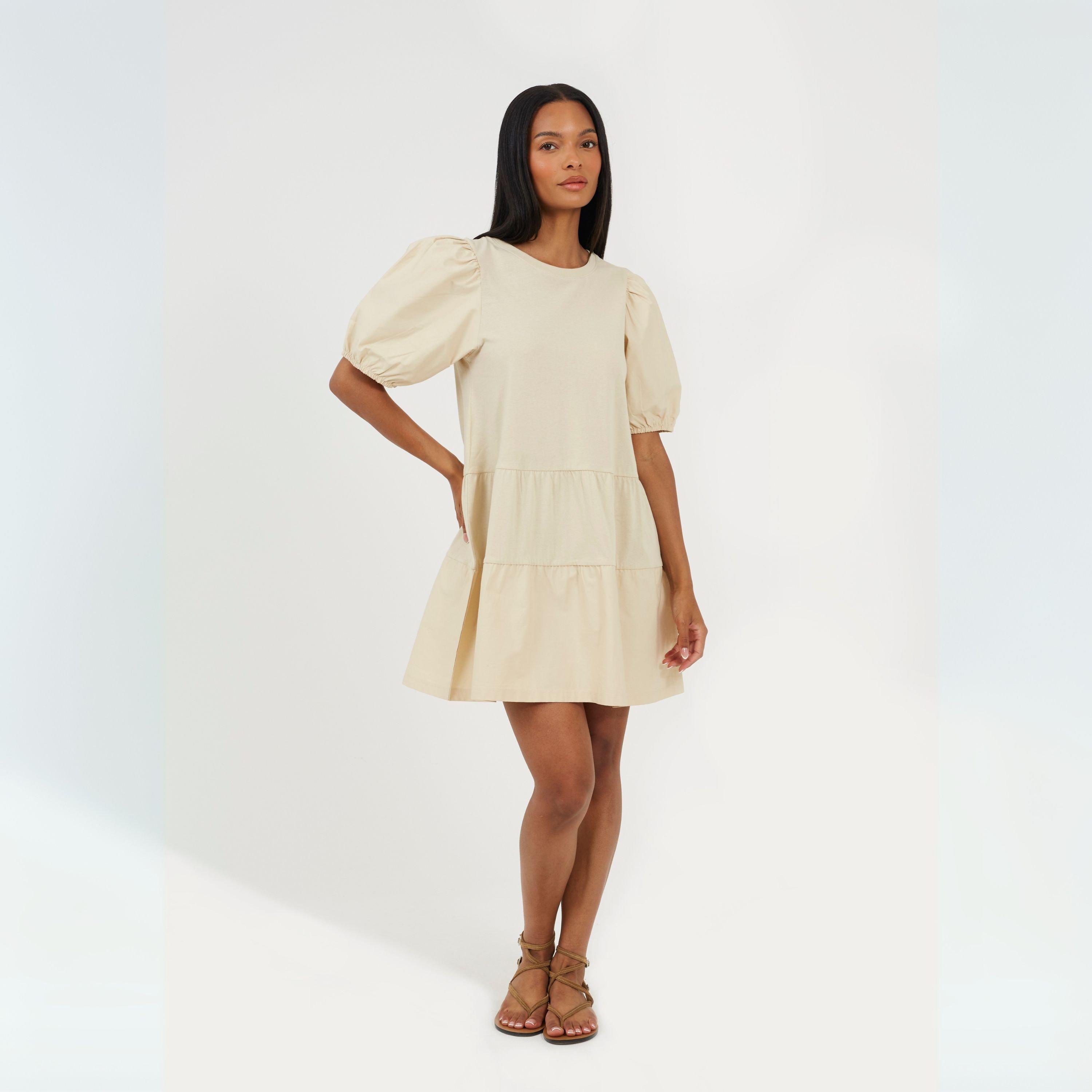 Stone - Brave Soul - Womens Puff Sleeve Crew Neck Mini Dress - 4