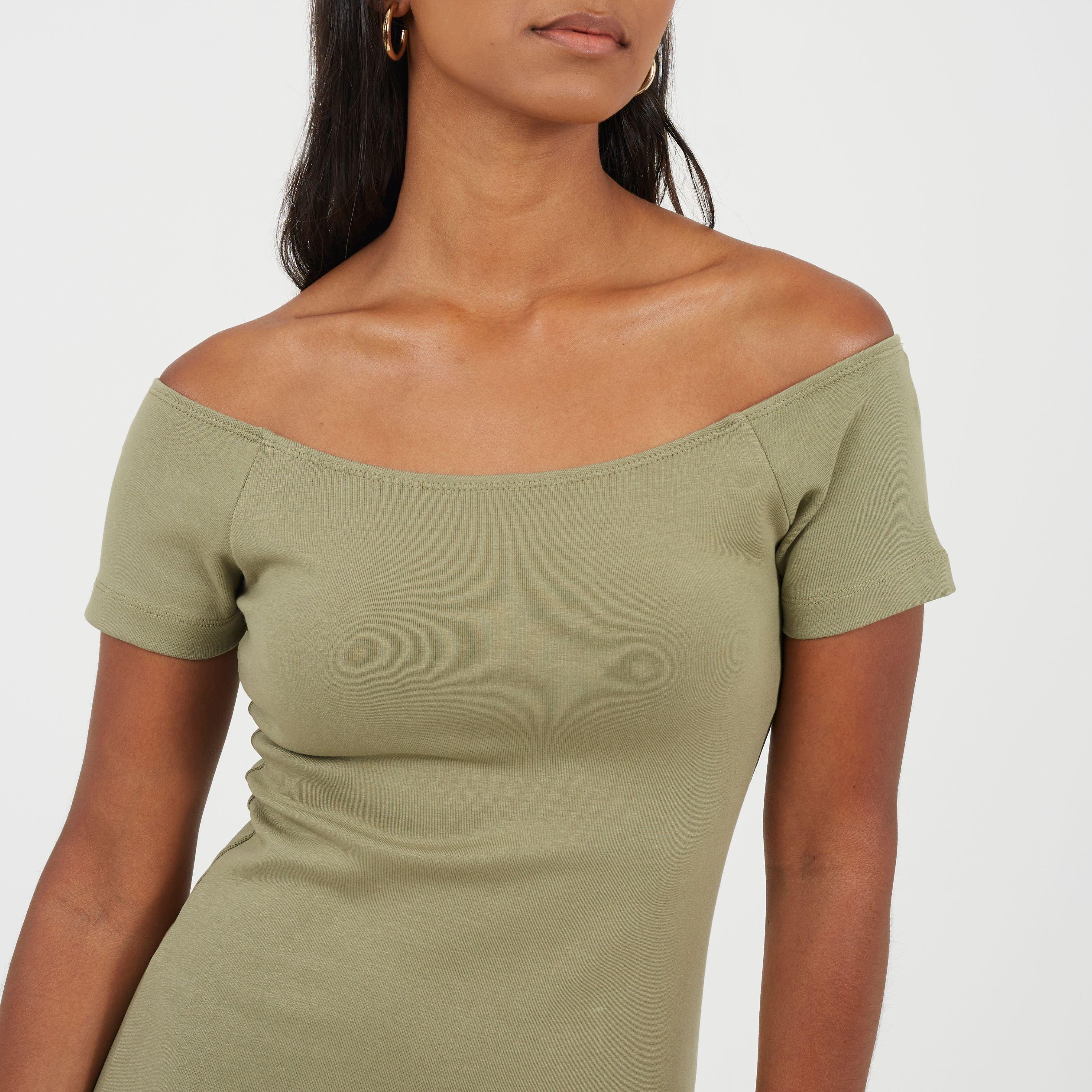 Khaki - Brave Soul - Womens Bardot Neckline Bodycon Dress - 3