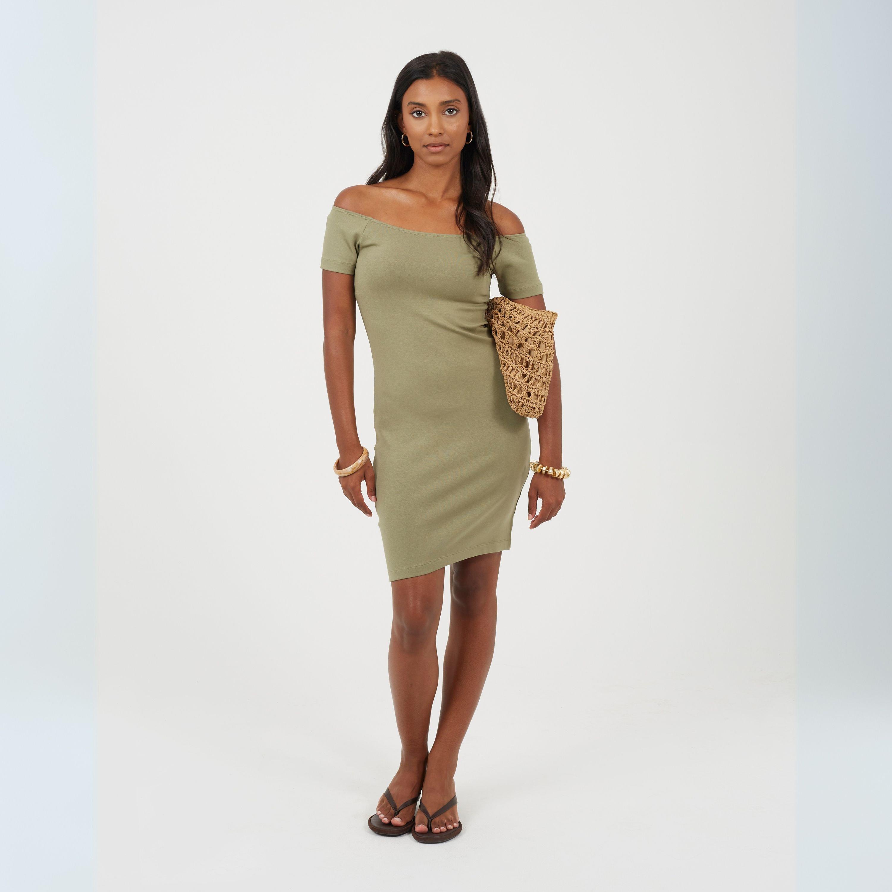 Khaki - Brave Soul - Womens Bardot Neckline Bodycon Dress - 4