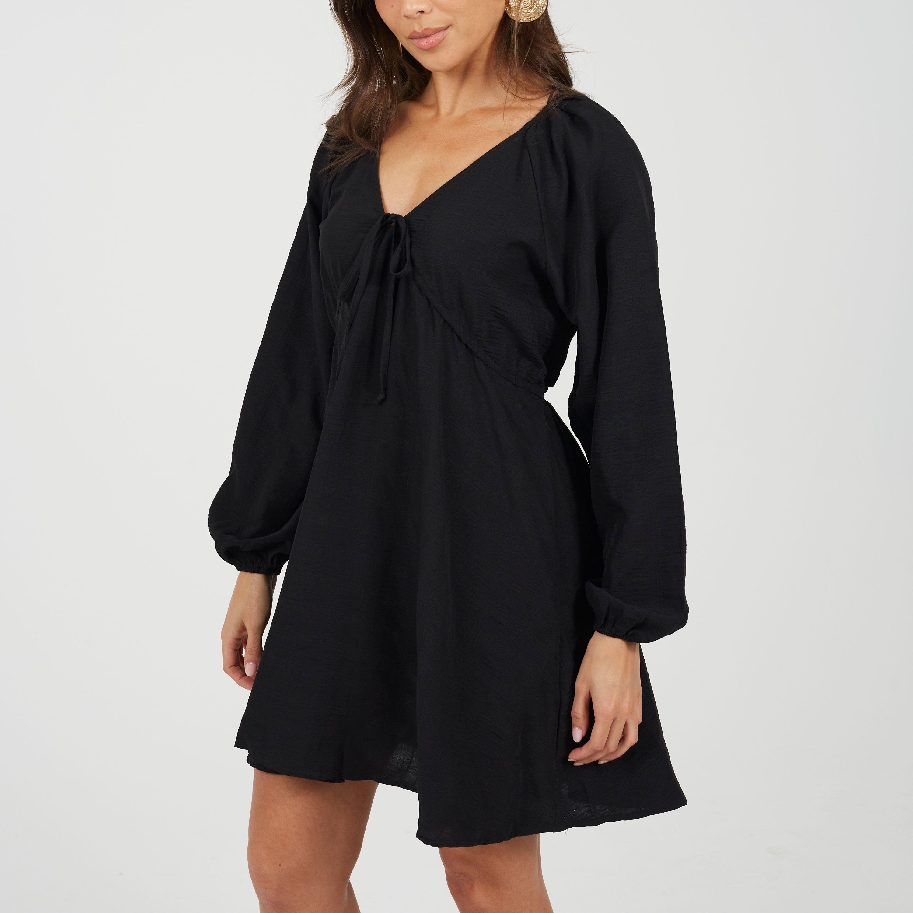 Black - Brave Soul - Womens V-neck Long Puff Sleeve Mini Dress - 1