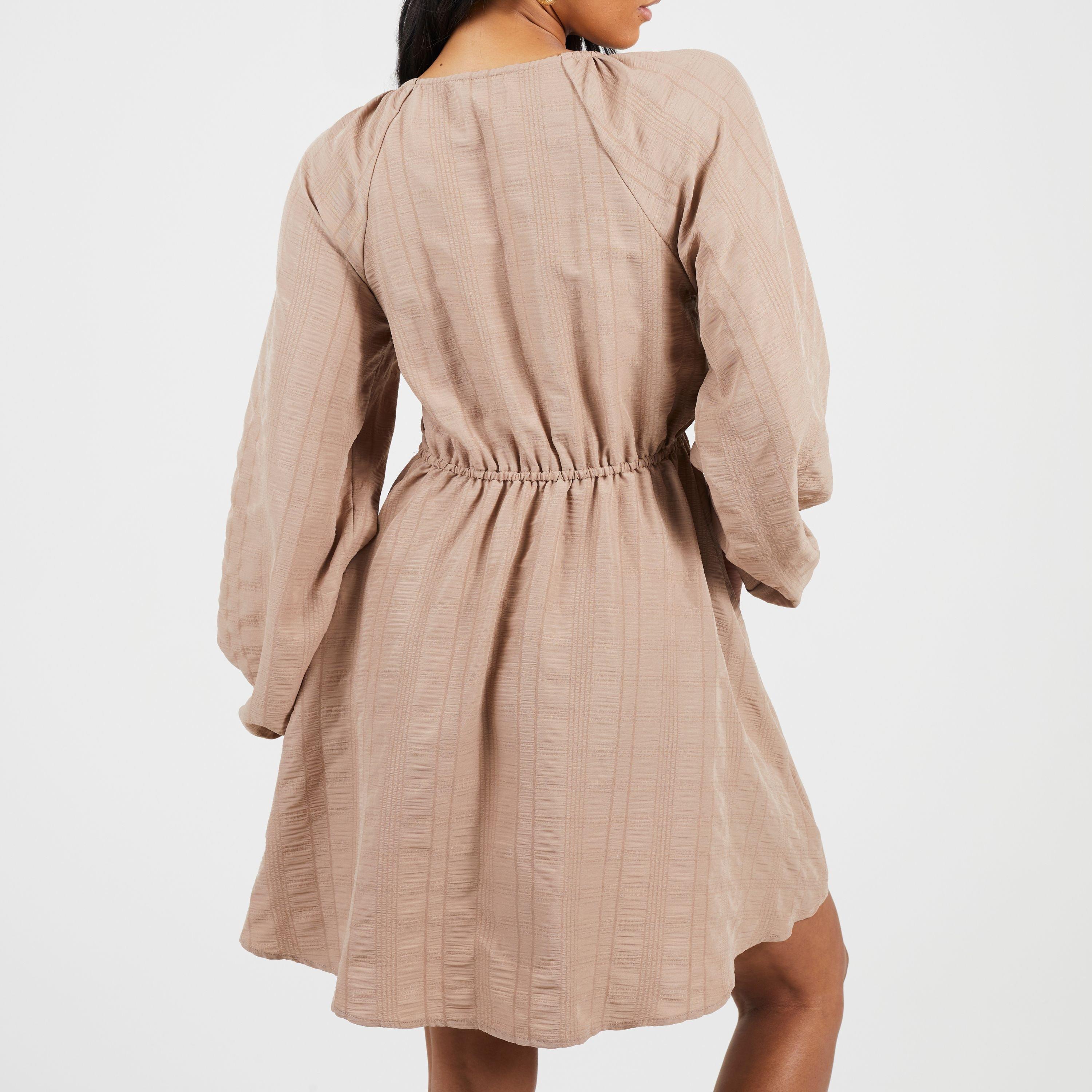 Taupe - Brave Soul - Womens V-neck Long Puff Sleeve Mini Dress - 2