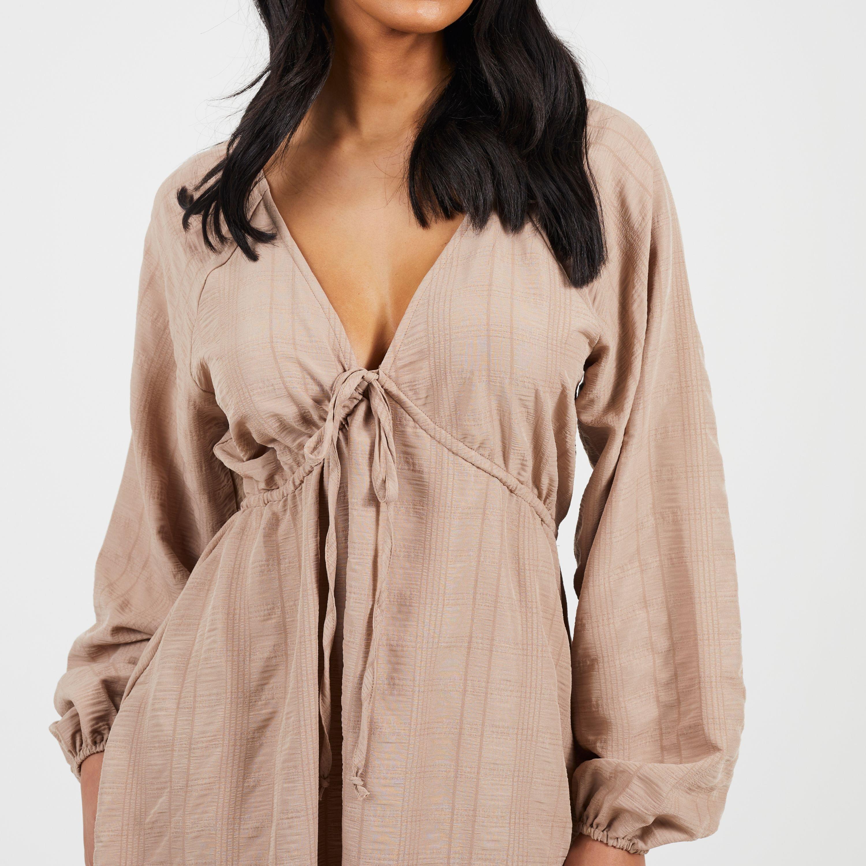 Taupe - Brave Soul - Womens V-neck Long Puff Sleeve Mini Dress - 3