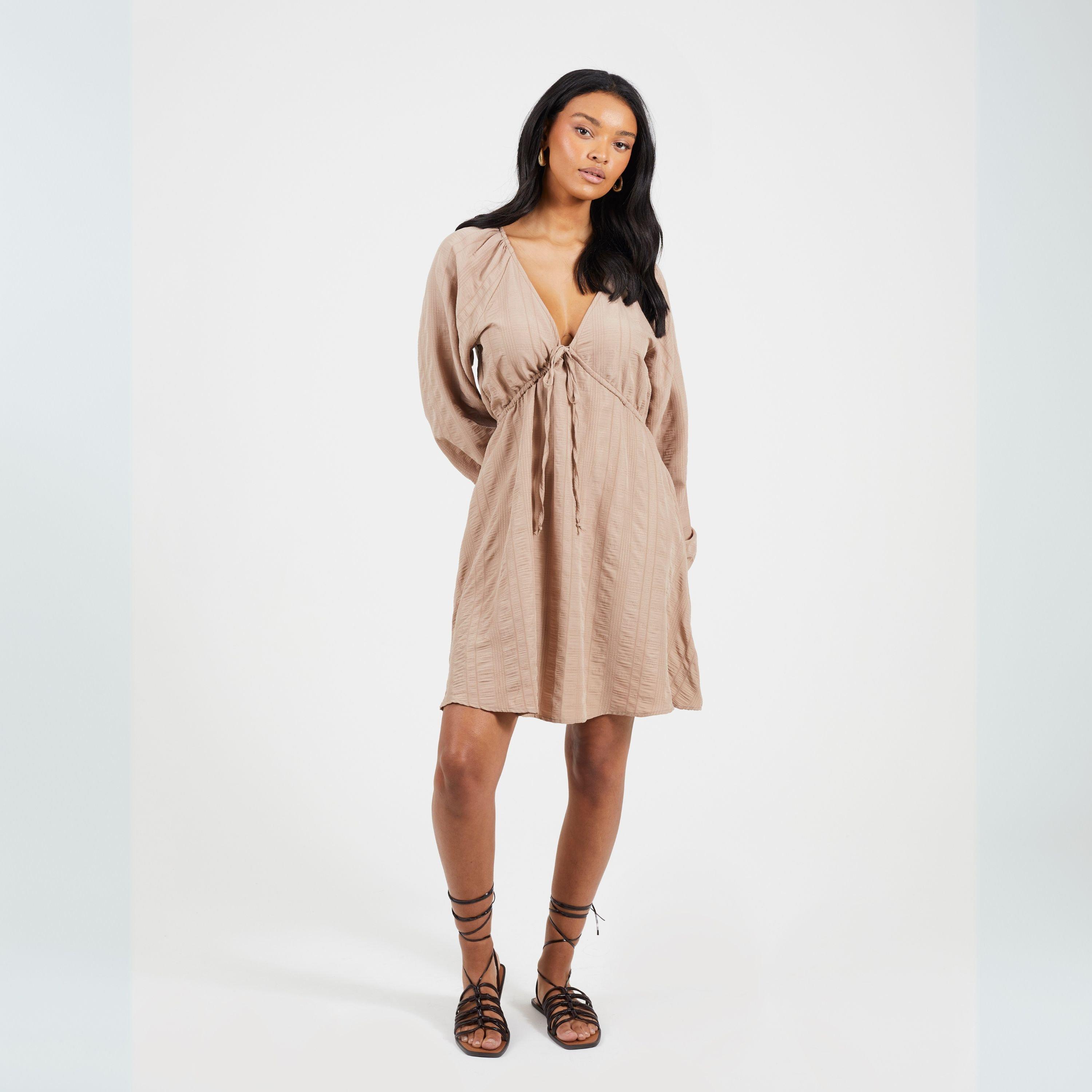 Taupe - Brave Soul - Womens V-neck Long Puff Sleeve Mini Dress - 4
