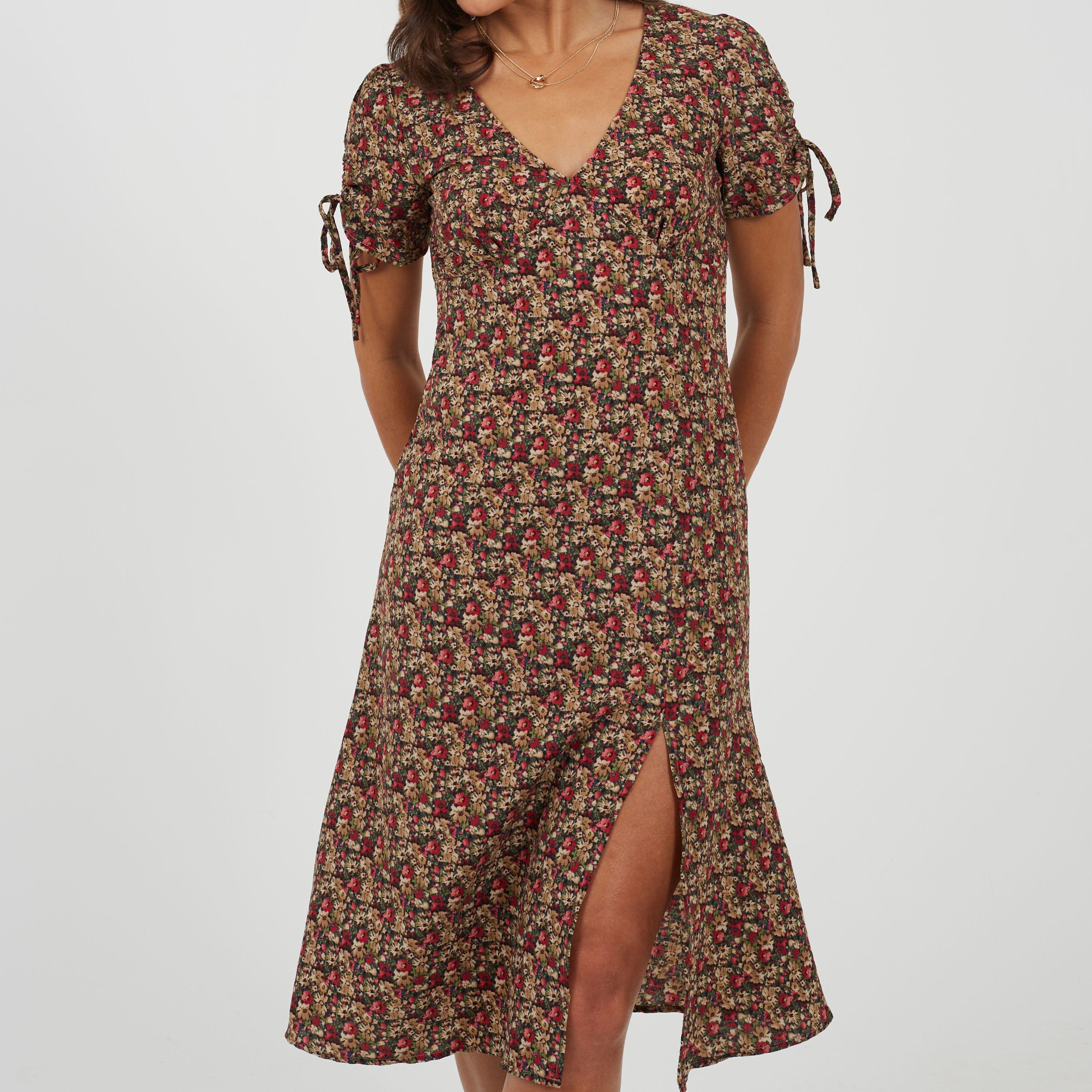 Green/Multi - Brave Soul - Womens Floral Dress with Side Split Detail - 1